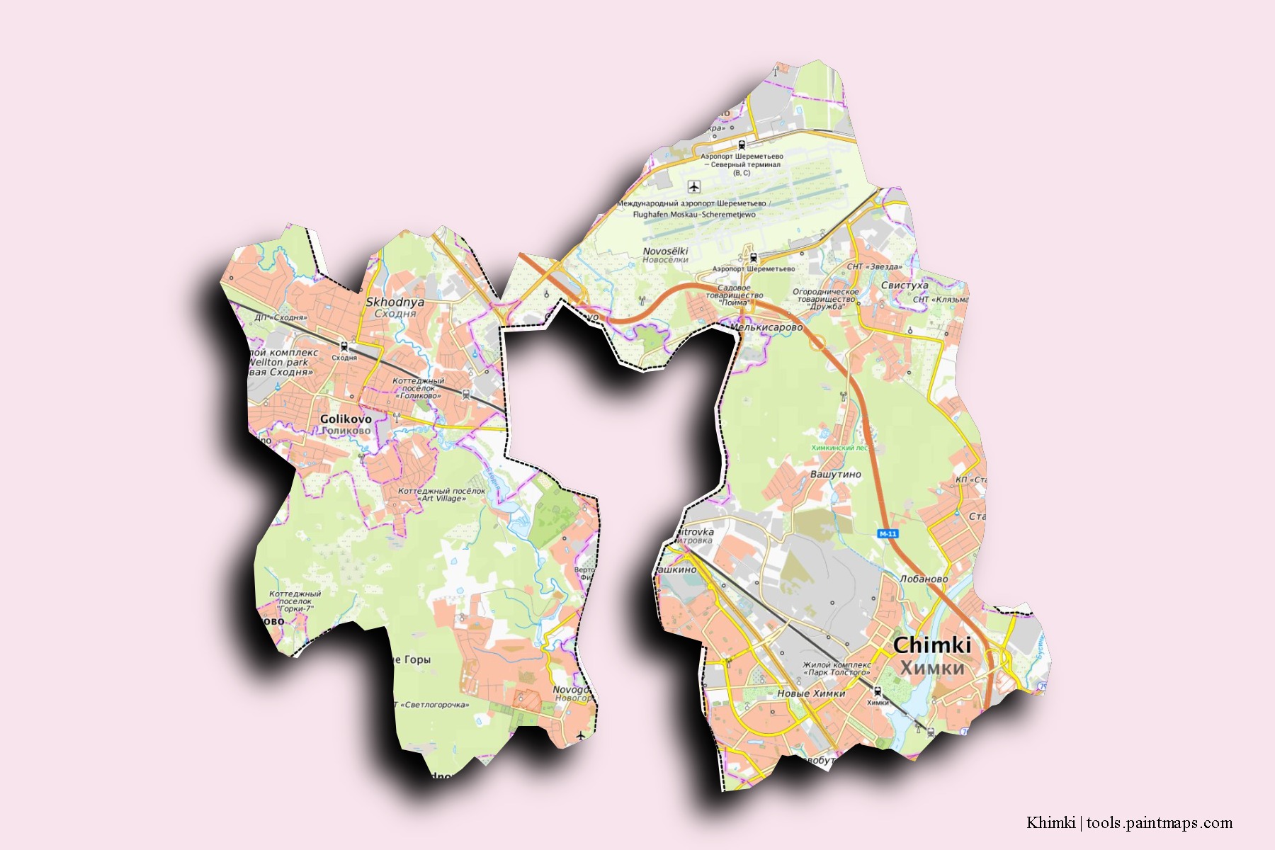 Mapa de barrios y pueblos de Khimki con efecto de sombra 3D