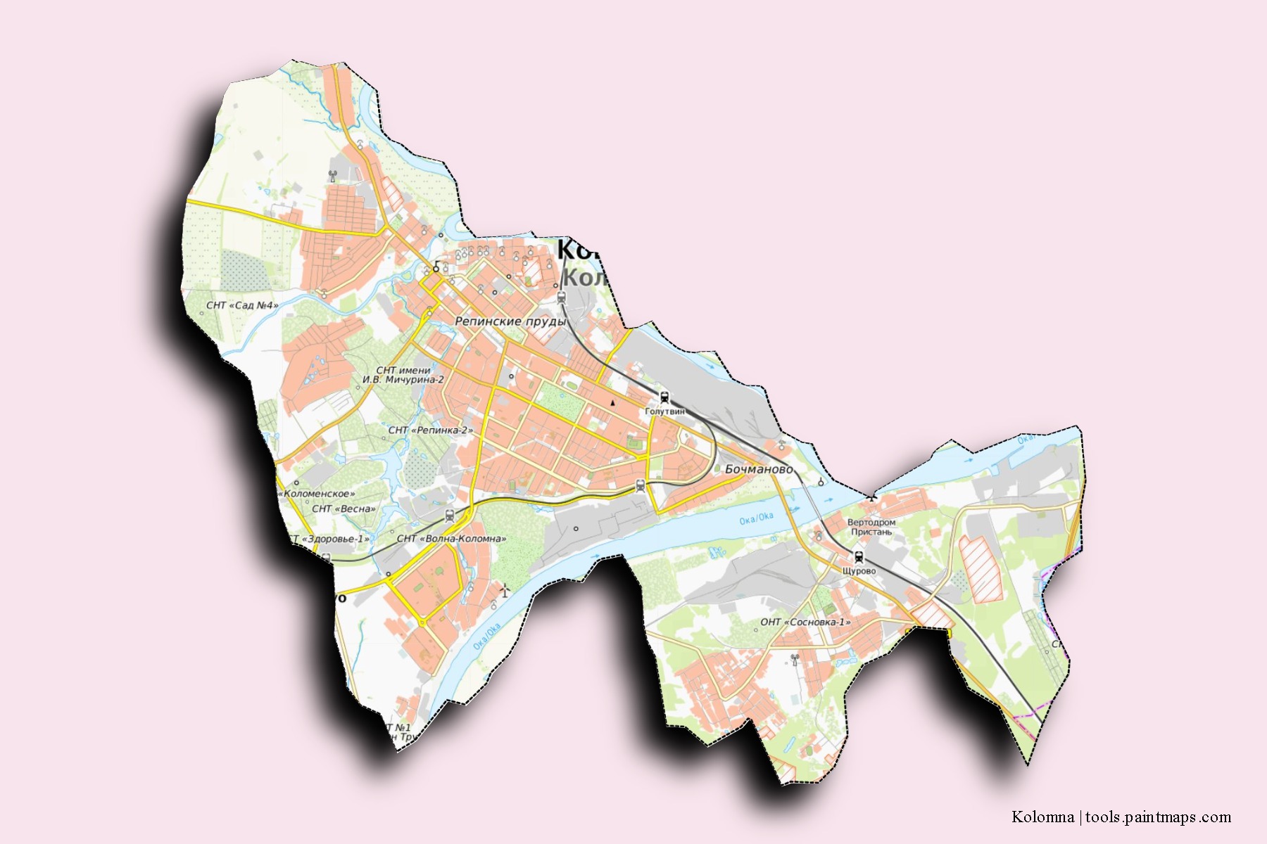 Kolomna neighborhoods and villages map with 3D shadow effect