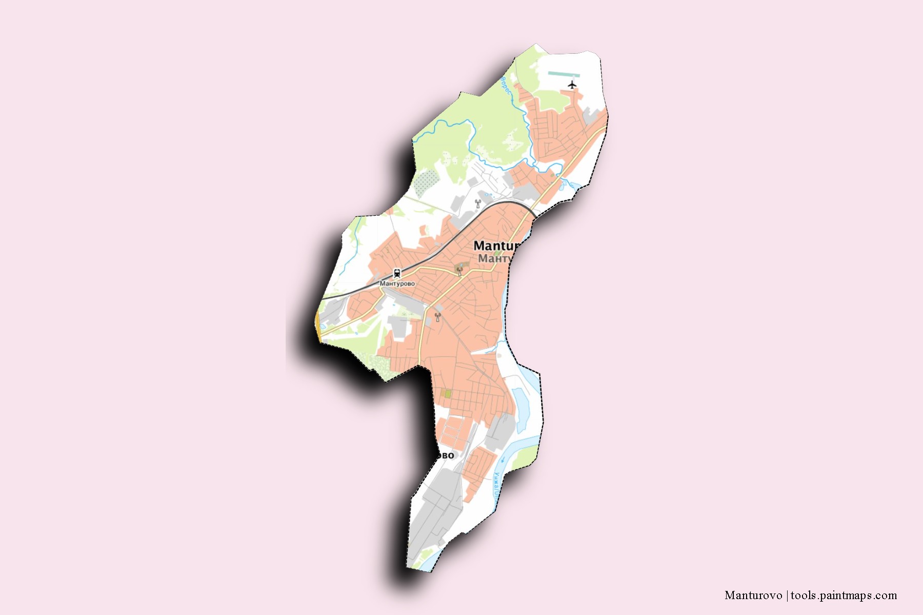 Manturovo neighborhoods and villages map with 3D shadow effect