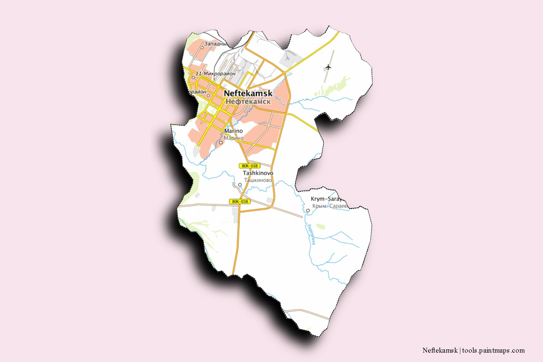 Mapa de barrios y pueblos de Neftekamsk con efecto de sombra 3D