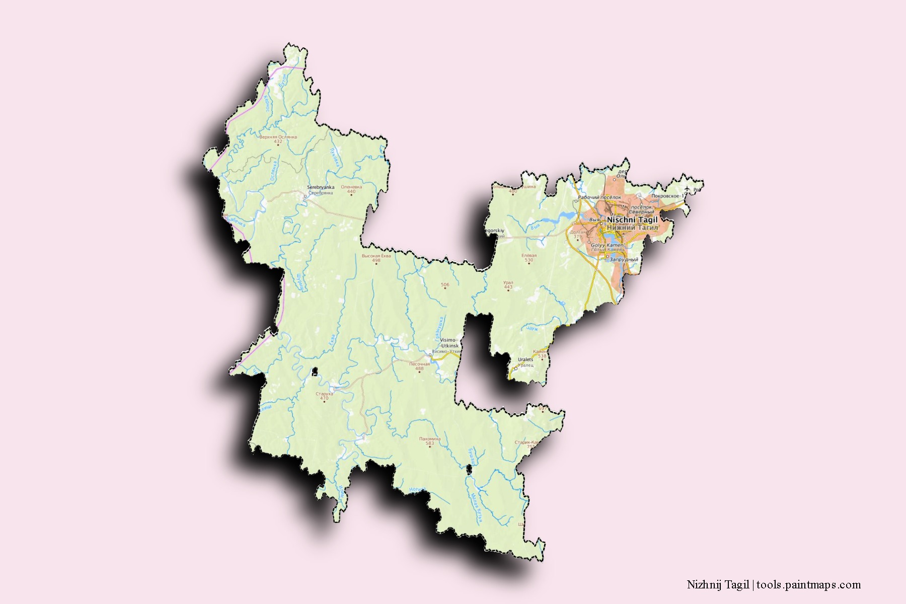 Mapa de barrios y pueblos de Nizhnij Tagil con efecto de sombra 3D