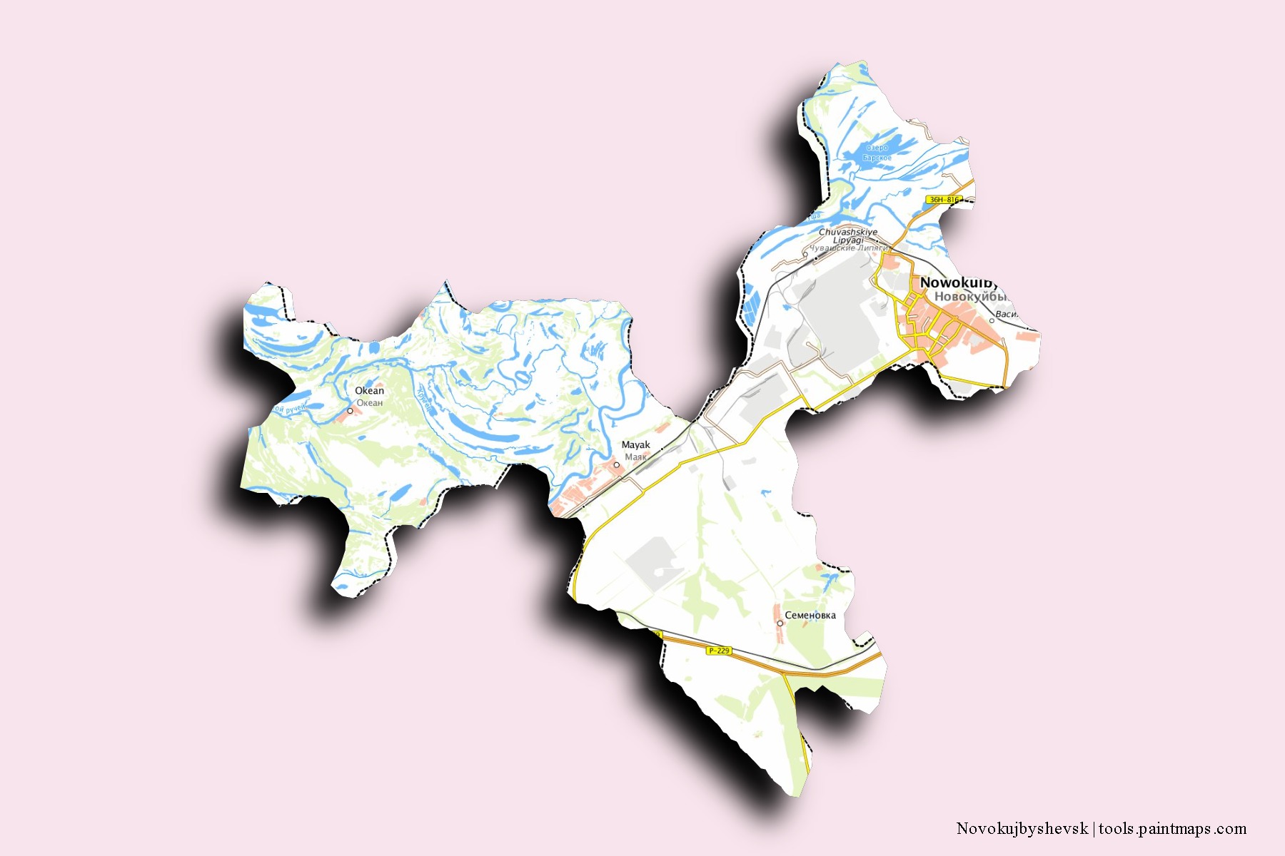 Novokujbyshevsk neighborhoods and villages map with 3D shadow effect