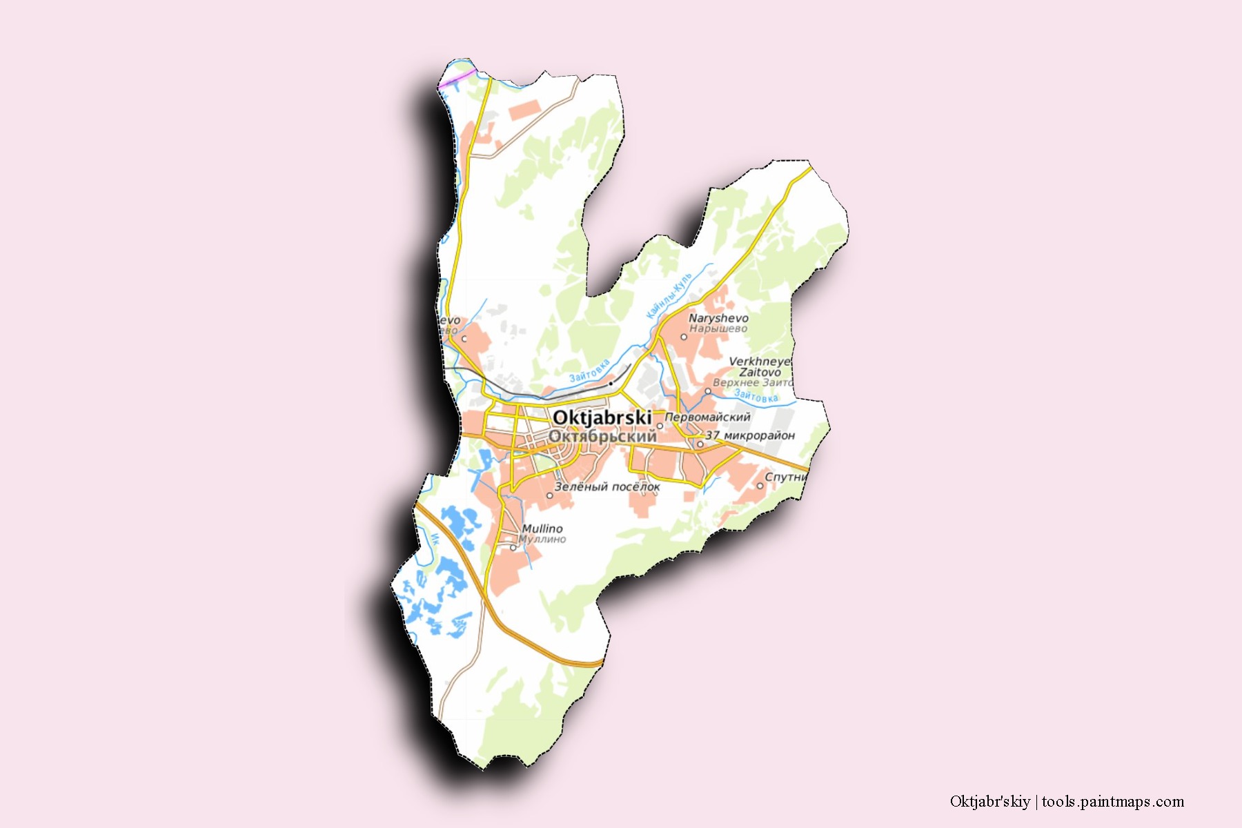 Mapa de barrios y pueblos de Oktjabr'skiy con efecto de sombra 3D