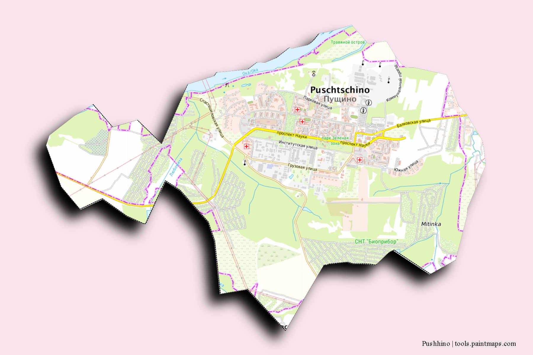 Mapa de barrios y pueblos de Pushhino con efecto de sombra 3D