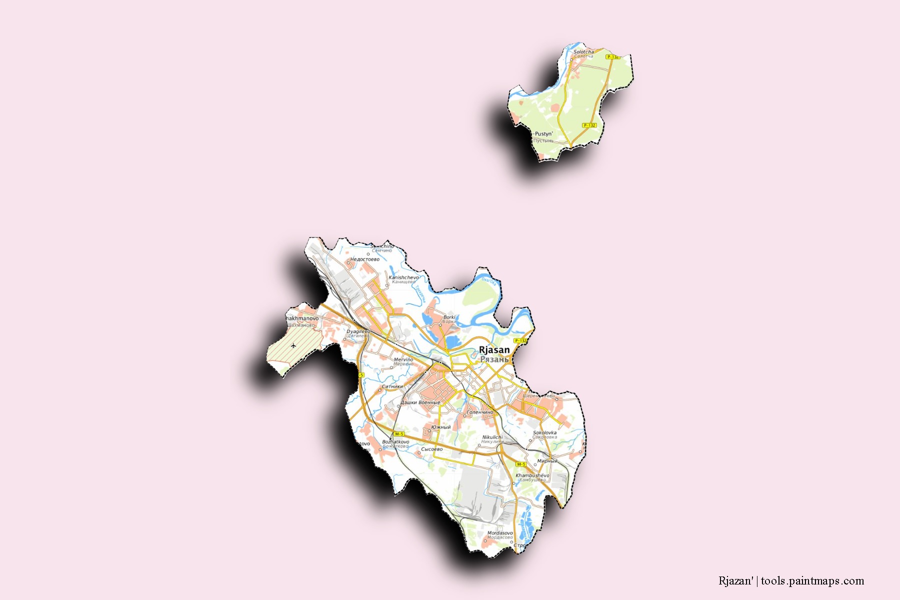 Rjazan' neighborhoods and villages map with 3D shadow effect