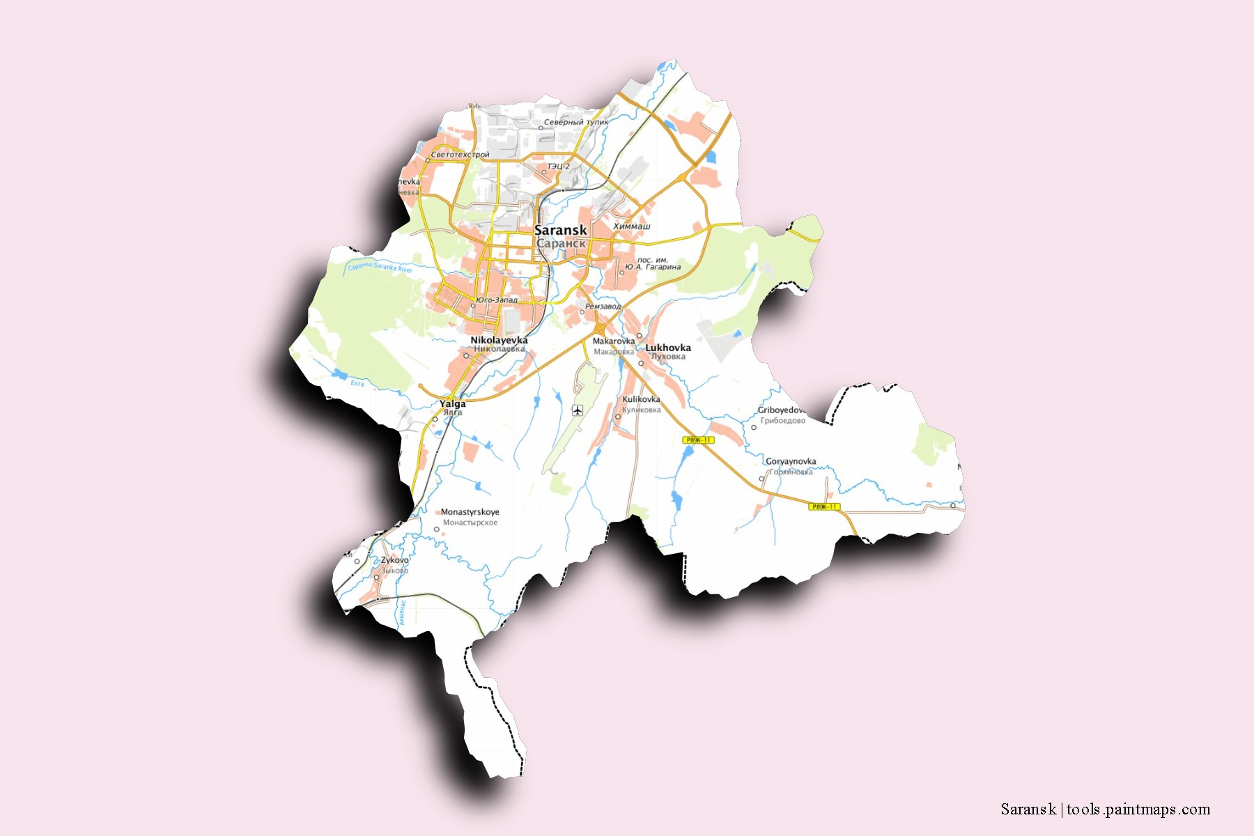 Mapa de barrios y pueblos de Saransk con efecto de sombra 3D