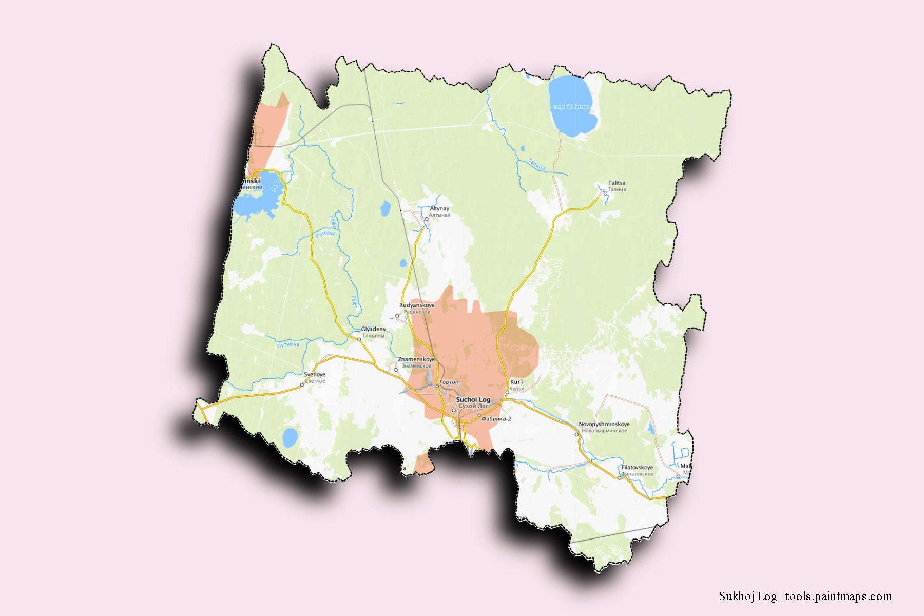 Sukhoj Log neighborhoods and villages map with 3D shadow effect