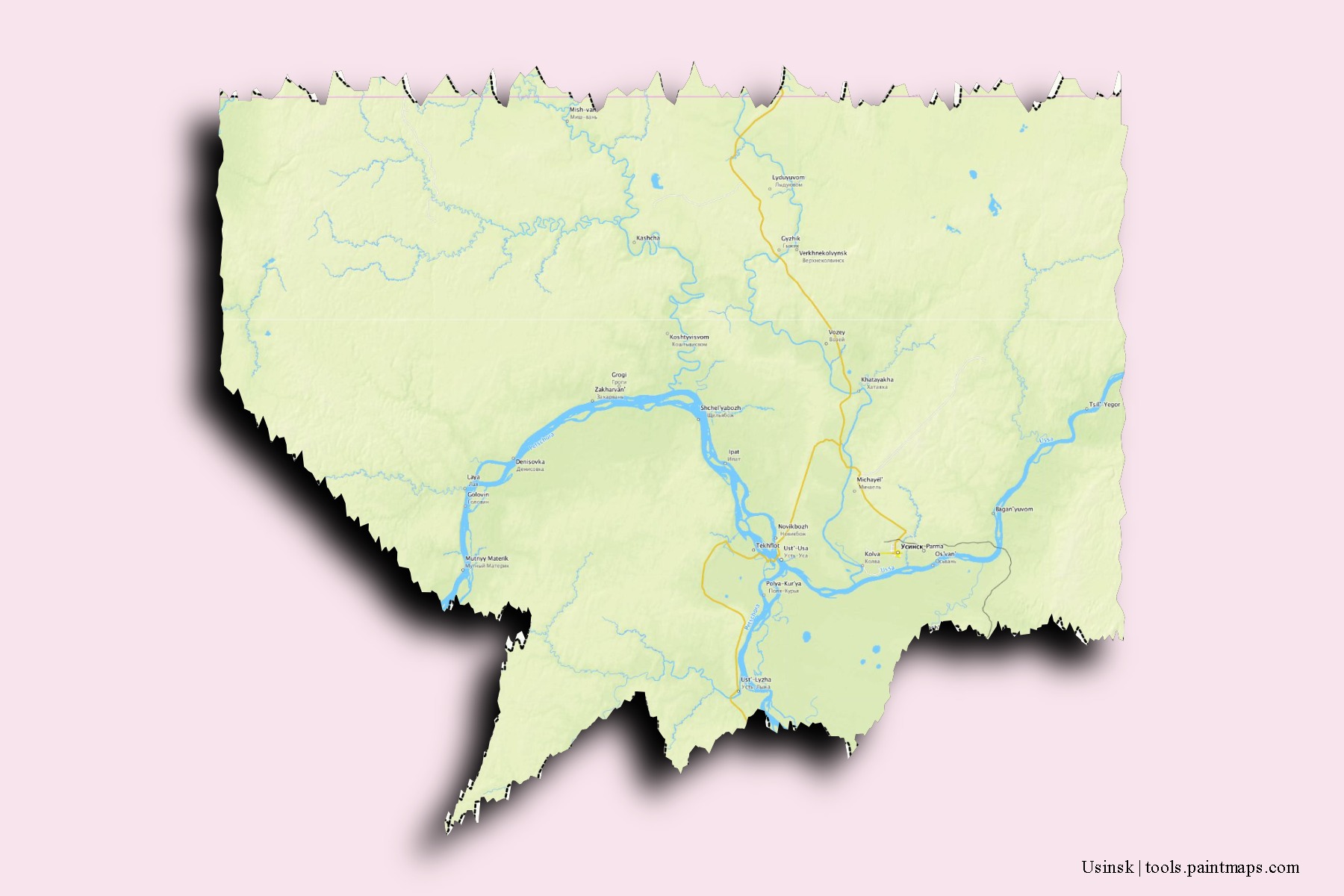 Mapa de barrios y pueblos de Usinsk con efecto de sombra 3D