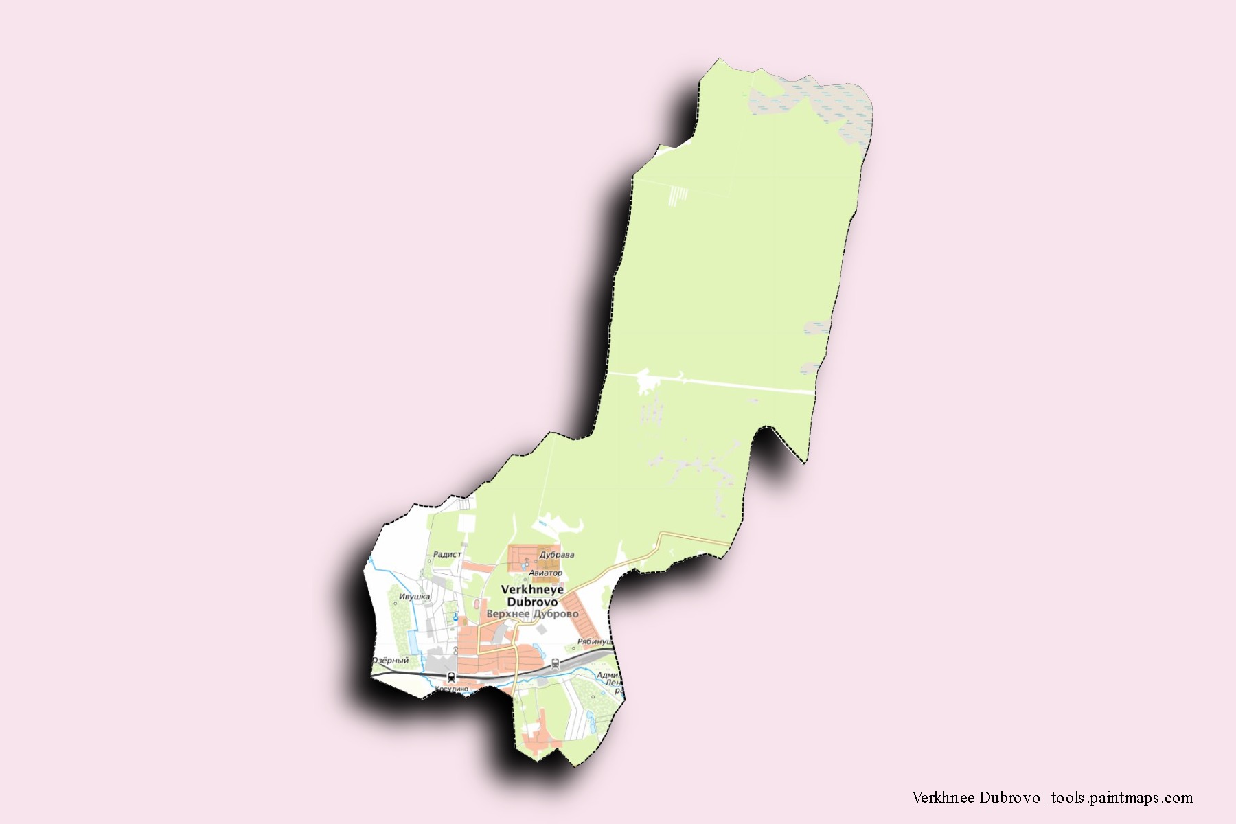 Mapa de barrios y pueblos de Verkhnee Dubrovo con efecto de sombra 3D