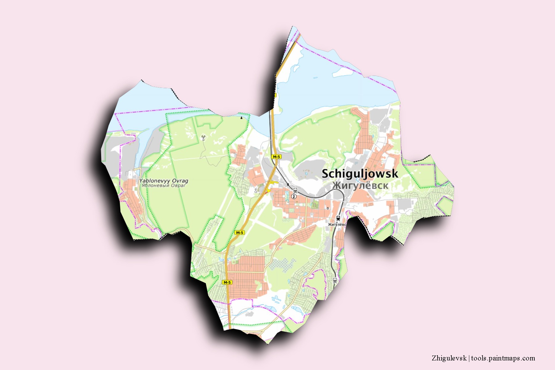 Mapa de barrios y pueblos de Zhigulevsk con efecto de sombra 3D