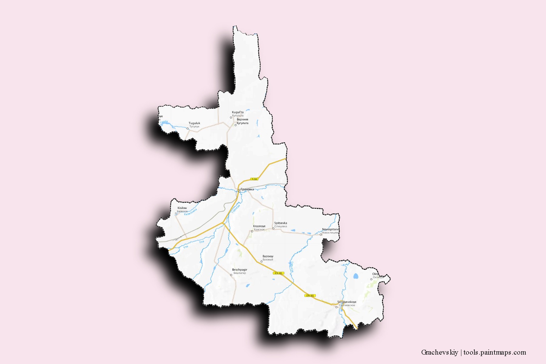 Mapa de barrios y pueblos de Grachevskiy con efecto de sombra 3D