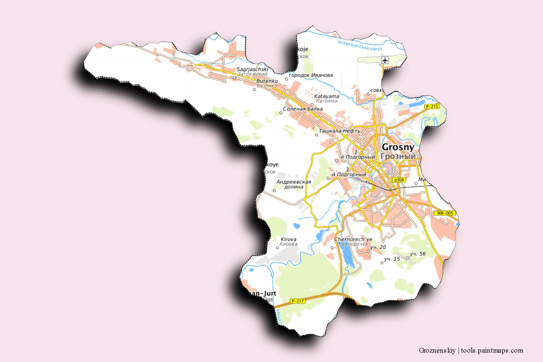 Groznenskiy neighborhoods and villages map with 3D shadow effect