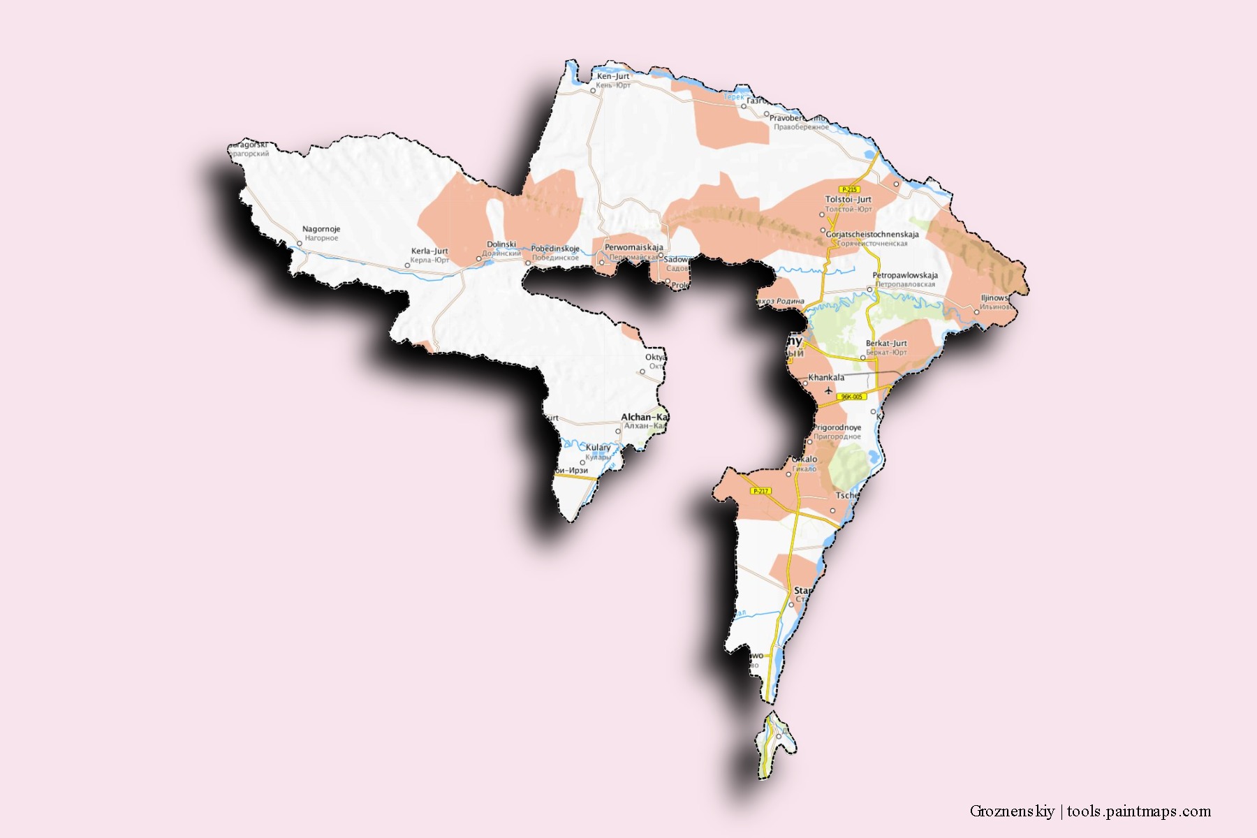 Mapa de barrios y pueblos de Groznenskiy con efecto de sombra 3D