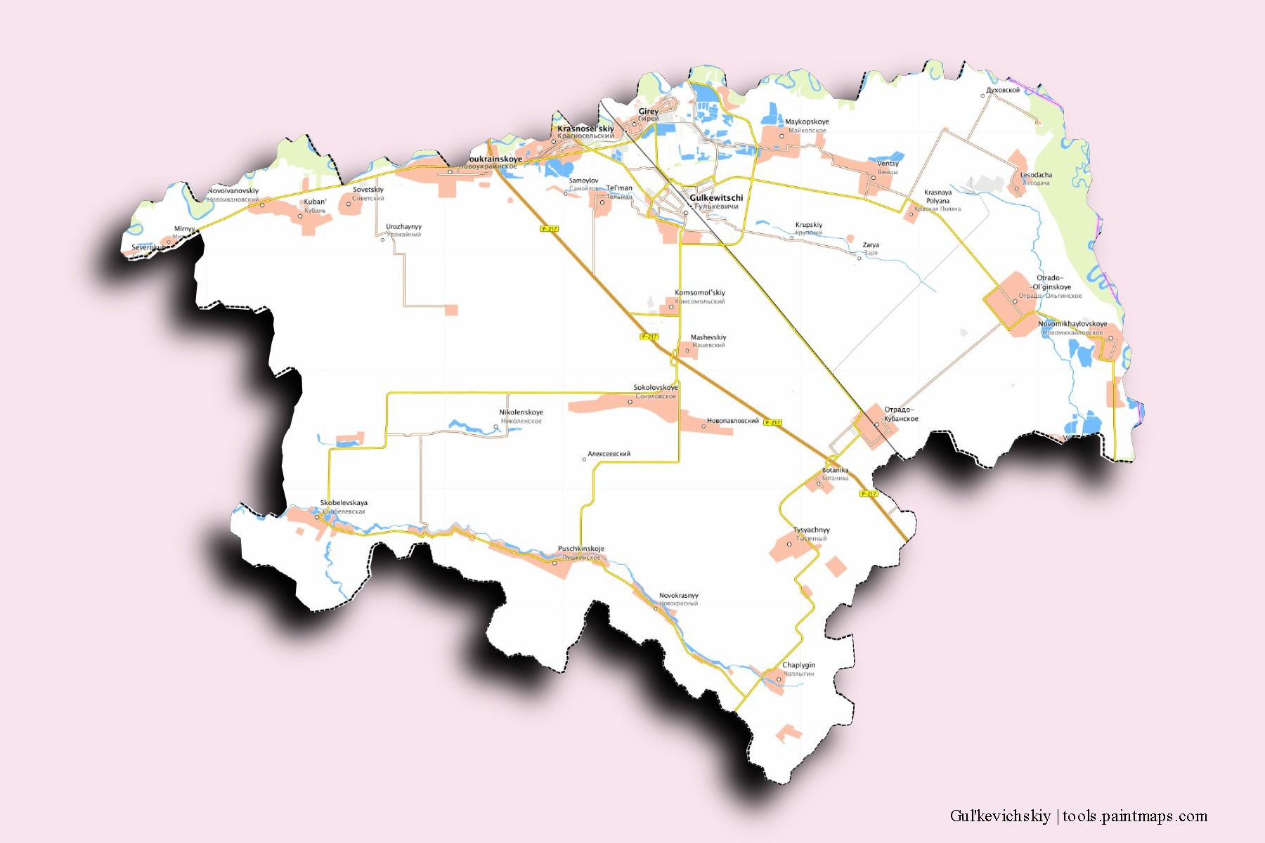 Mapa de barrios y pueblos de Gul'kevichskiy con efecto de sombra 3D