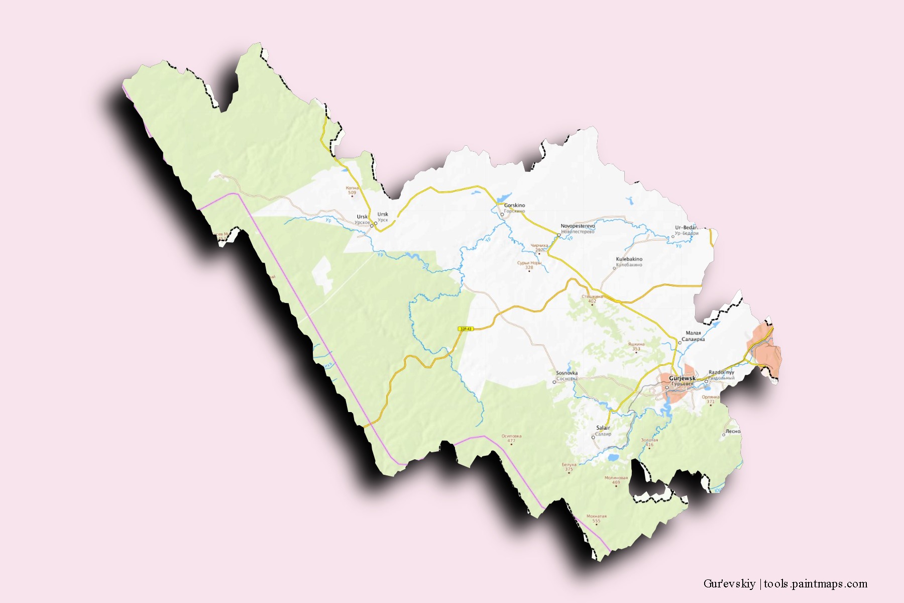 Mapa de barrios y pueblos de Gur'evskiy con efecto de sombra 3D