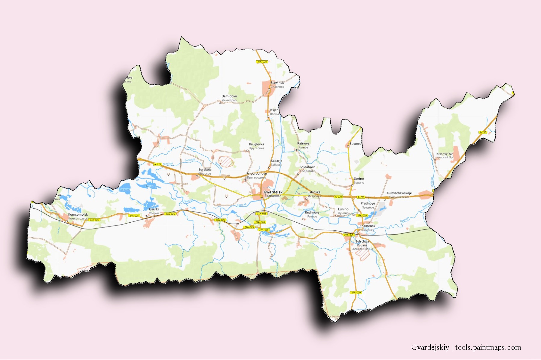 Gvardejskiy neighborhoods and villages map with 3D shadow effect