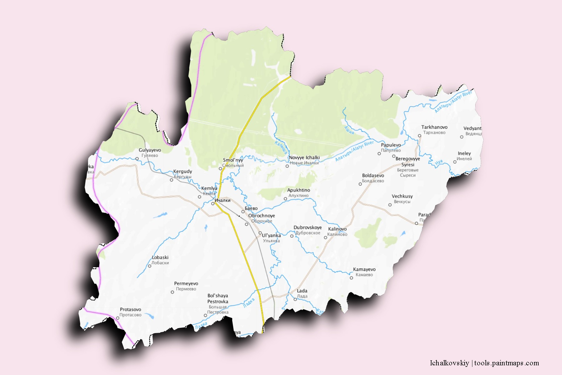 Mapa de barrios y pueblos de Ichalkovskiy con efecto de sombra 3D