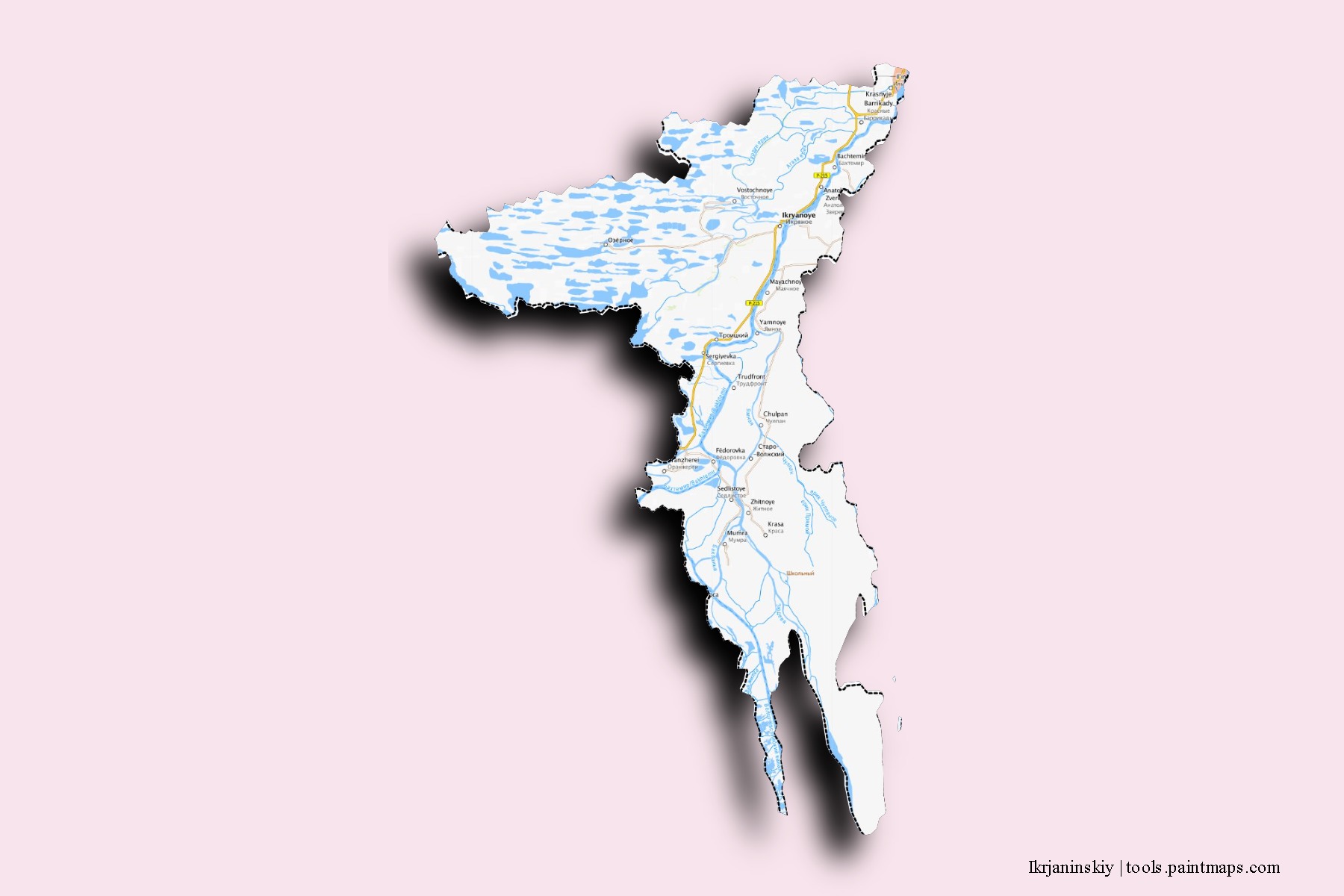 Ikrjaninskiy neighborhoods and villages map with 3D shadow effect