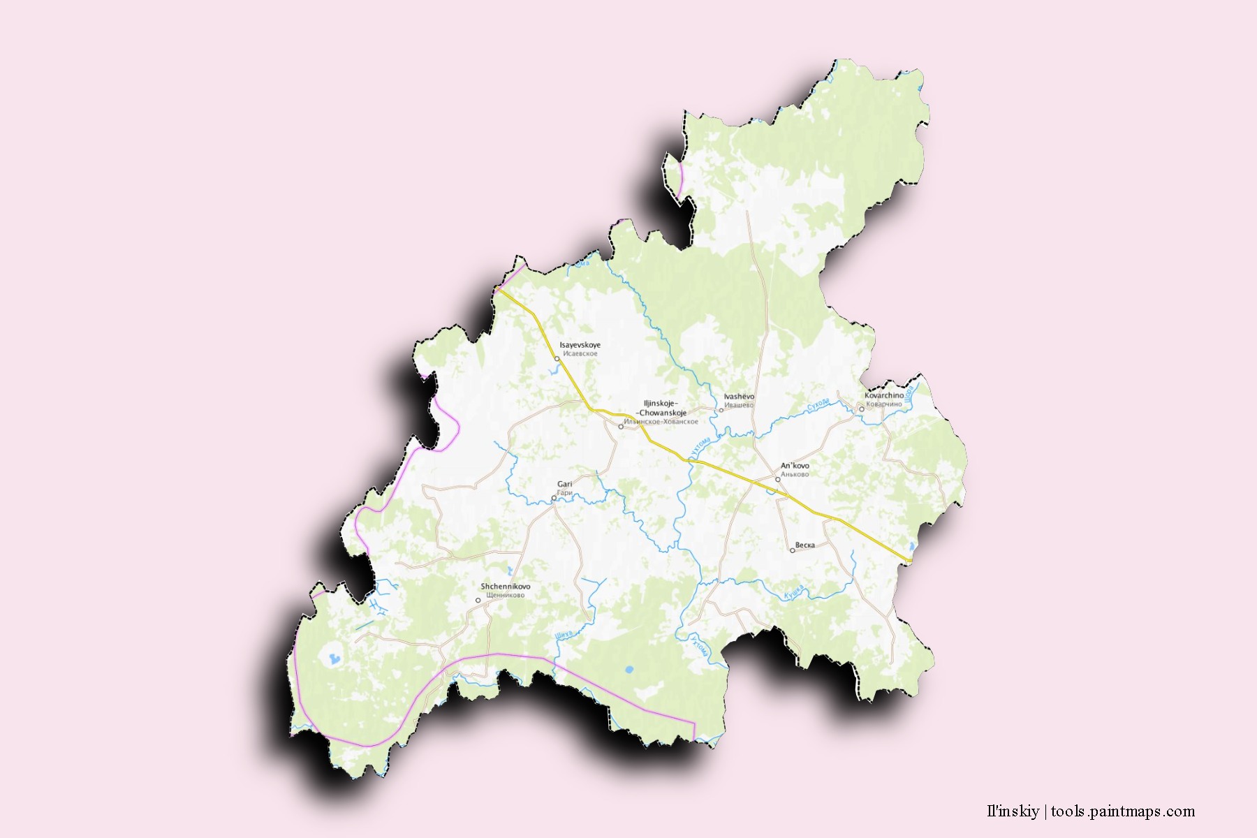 Mapa de barrios y pueblos de Il'inskiy con efecto de sombra 3D