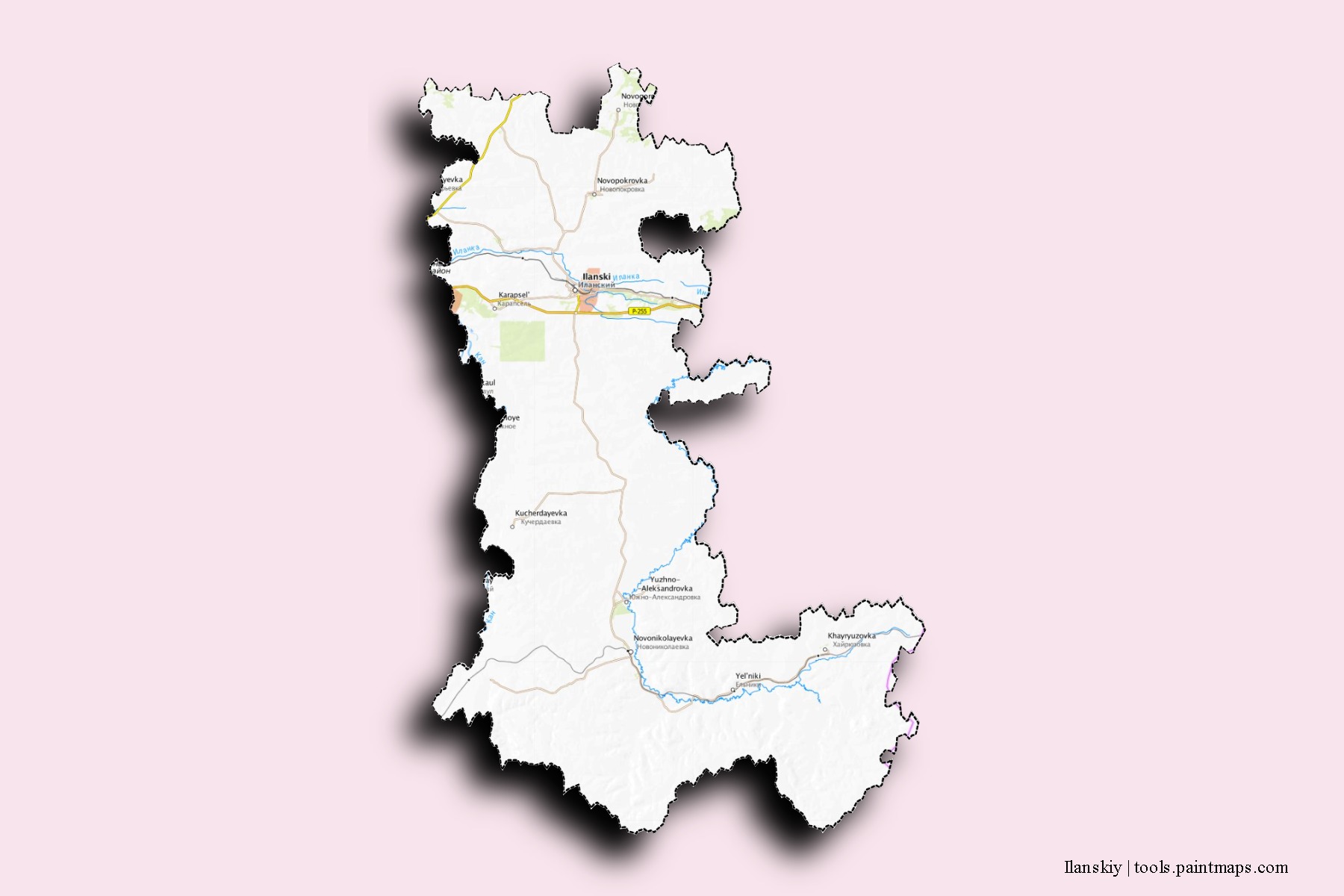 Mapa de barrios y pueblos de Ilanskiy con efecto de sombra 3D