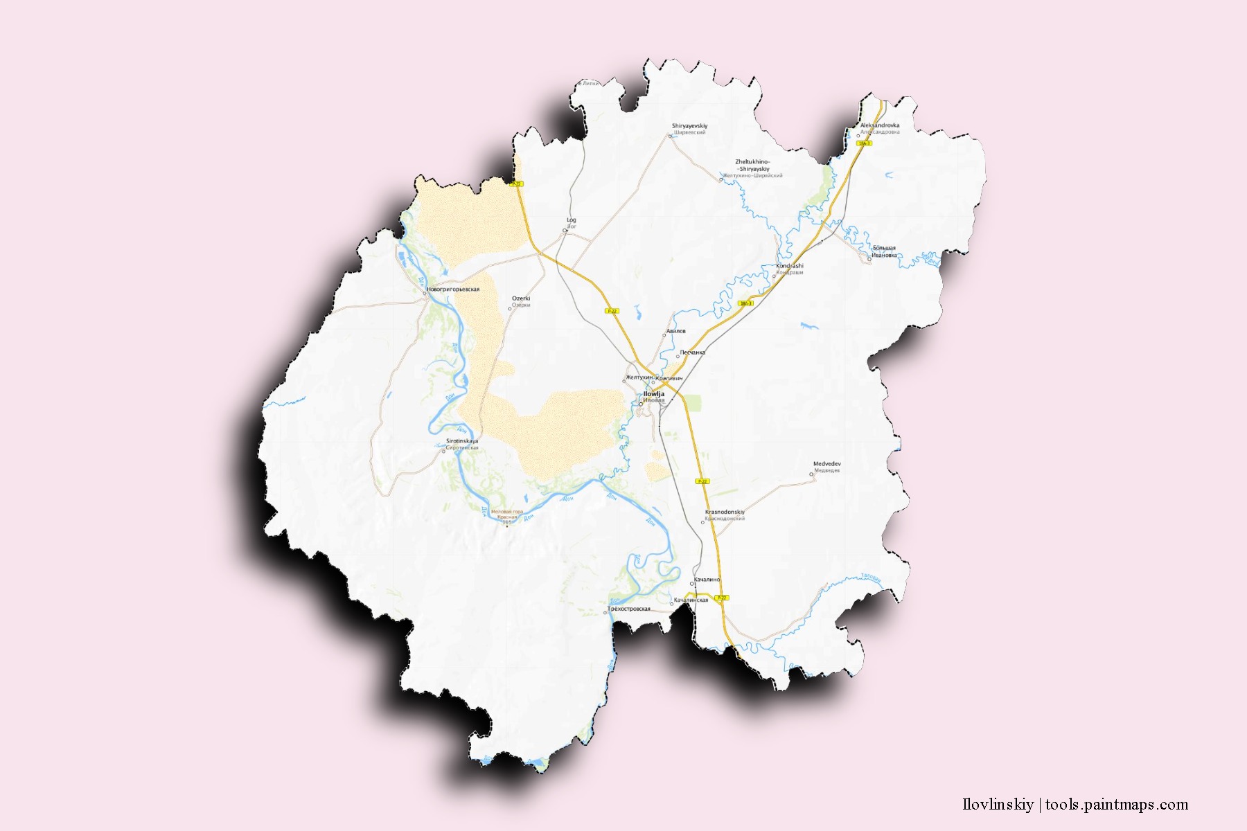 Mapa de barrios y pueblos de Ilovlinskiy con efecto de sombra 3D