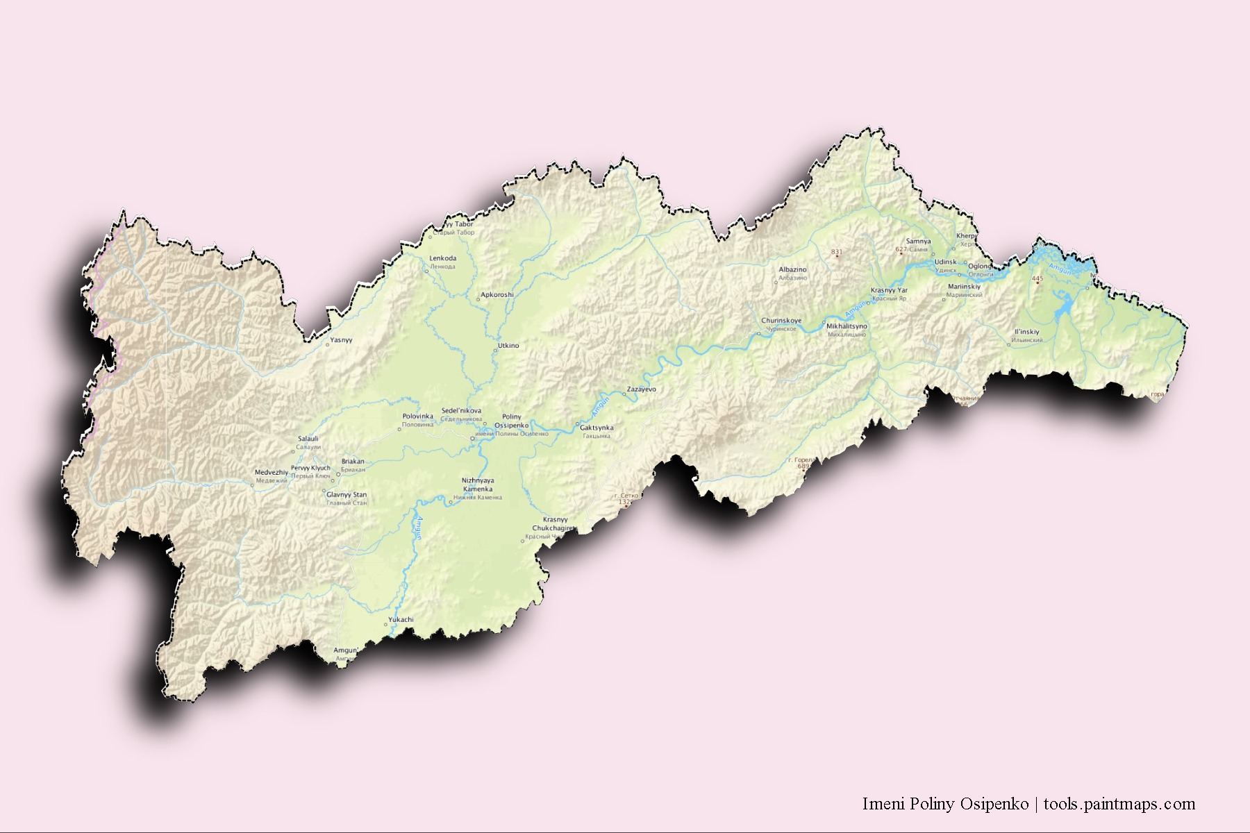 Imeni Poliny Osipenko neighborhoods and villages map with 3D shadow effect