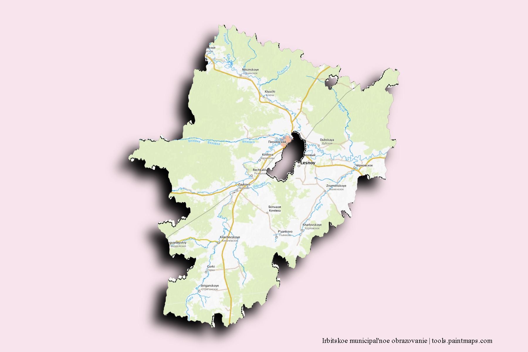 Mapa de barrios y pueblos de Irbitskoe municipal'noe obrazovanie con efecto de sombra 3D