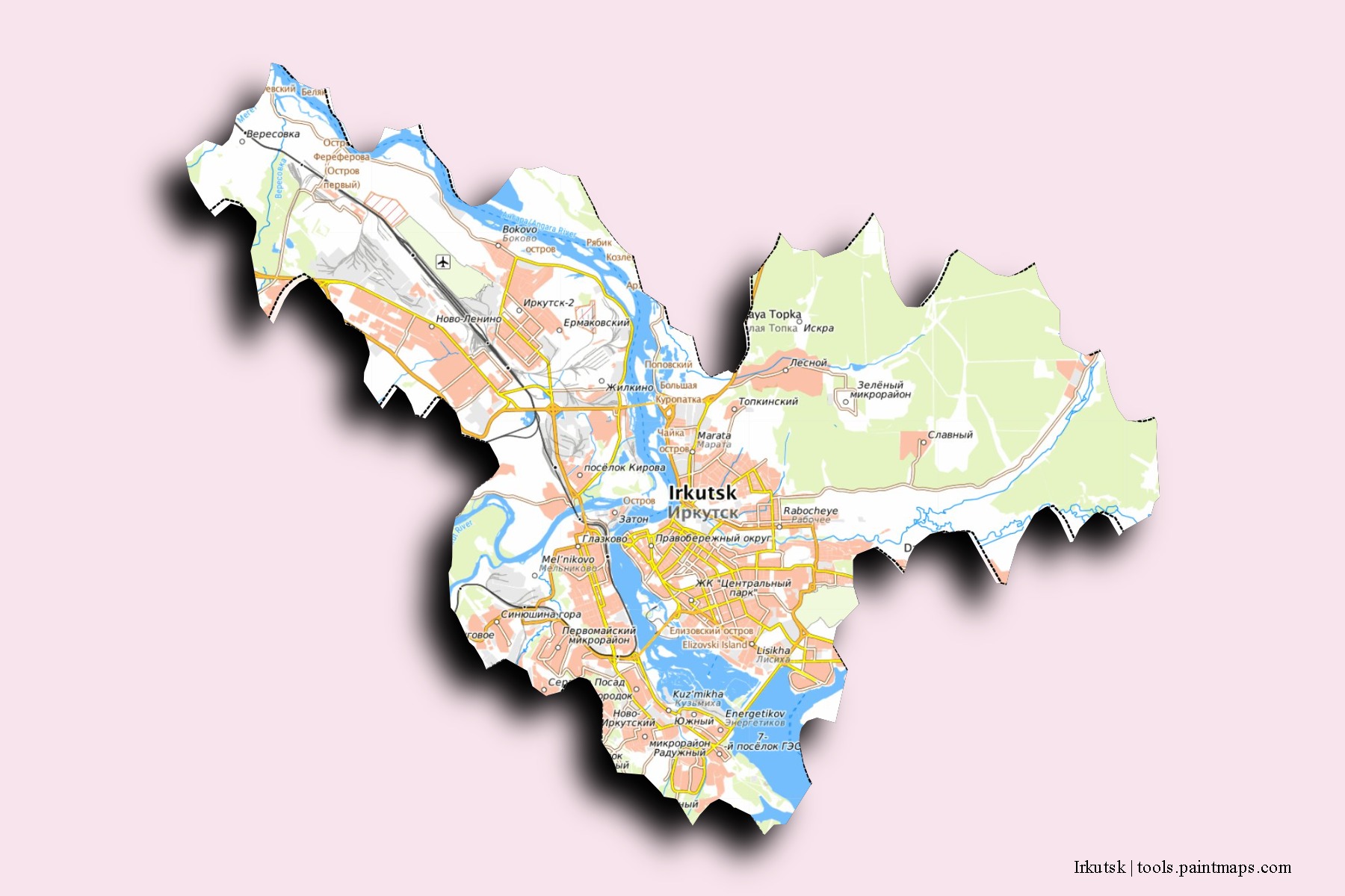 Irkutsk neighborhoods and villages map with 3D shadow effect