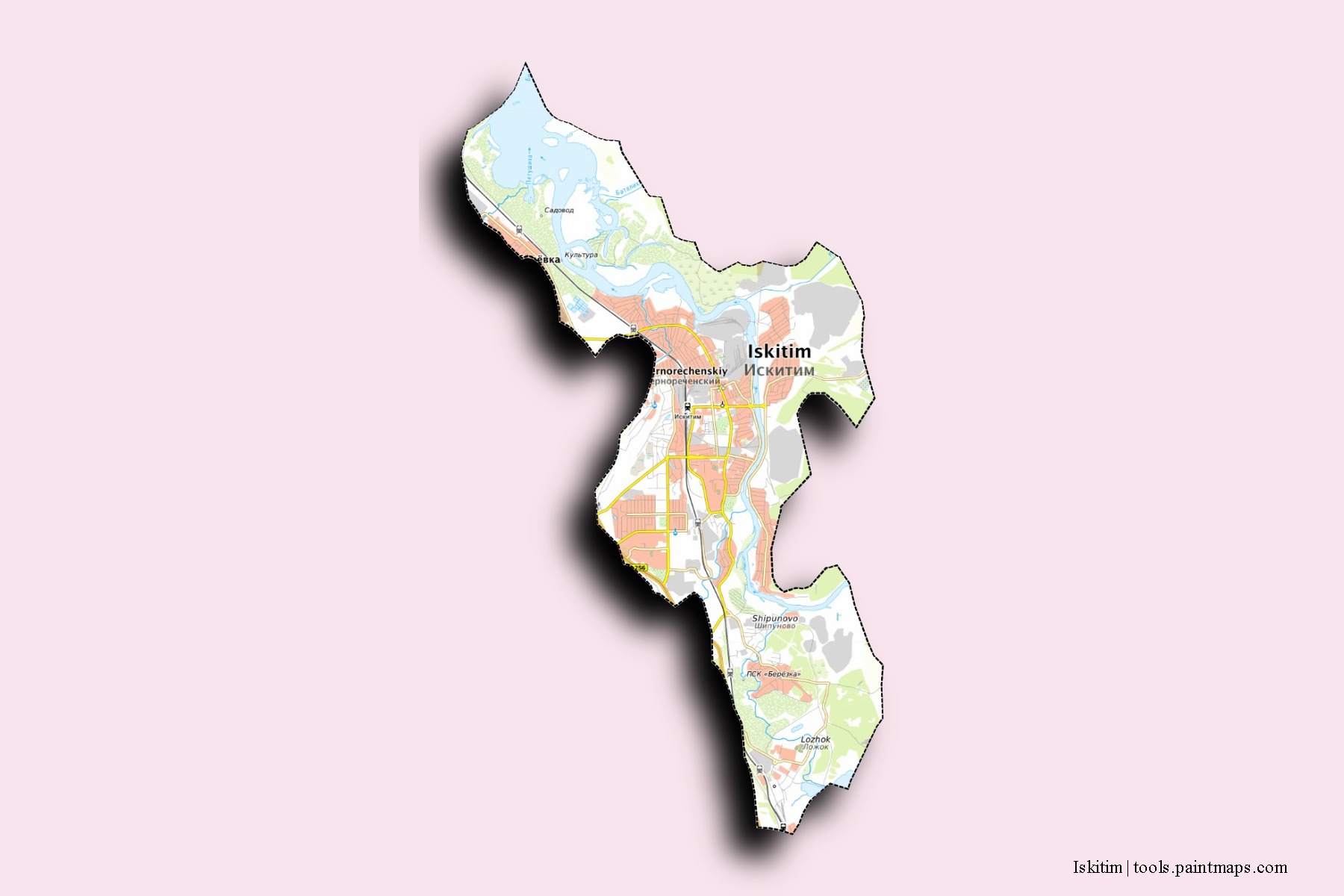 Iskitim neighborhoods and villages map with 3D shadow effect