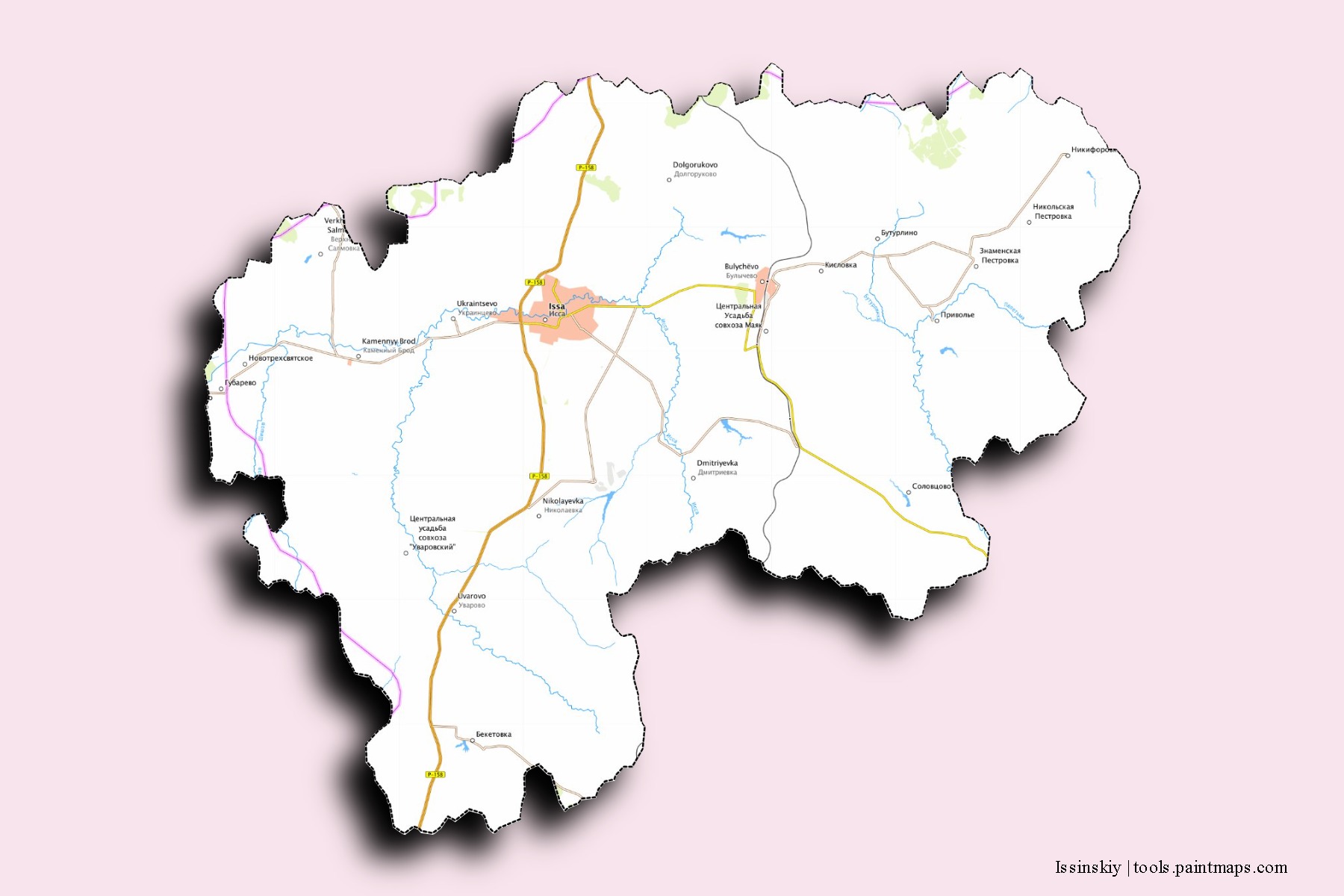 Issinskiy neighborhoods and villages map with 3D shadow effect