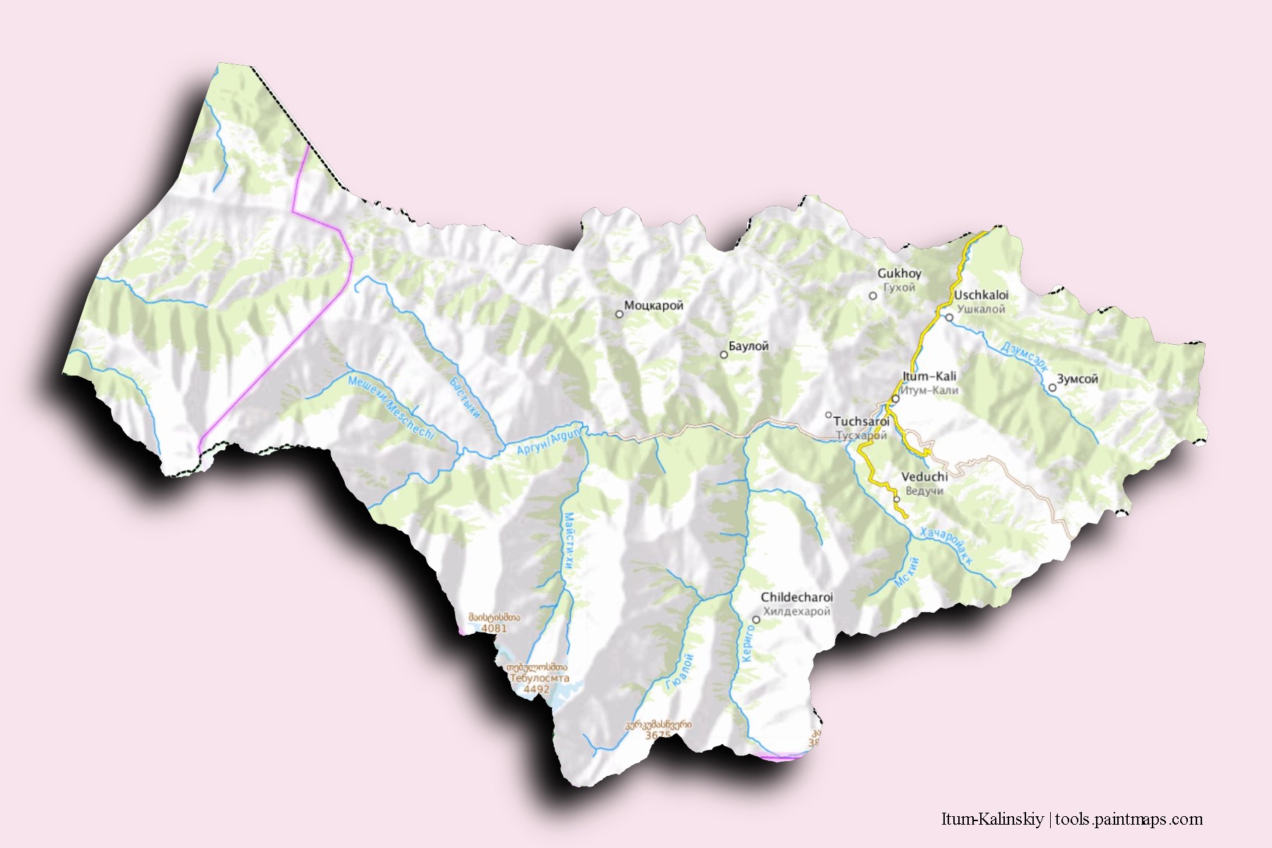 Mapa de barrios y pueblos de Itum-Kalinskiy con efecto de sombra 3D