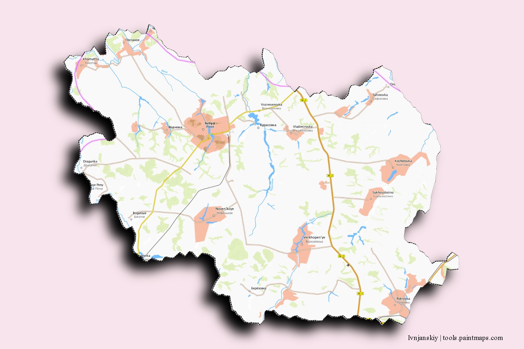 Mapa de barrios y pueblos de Ivnjanskiy con efecto de sombra 3D