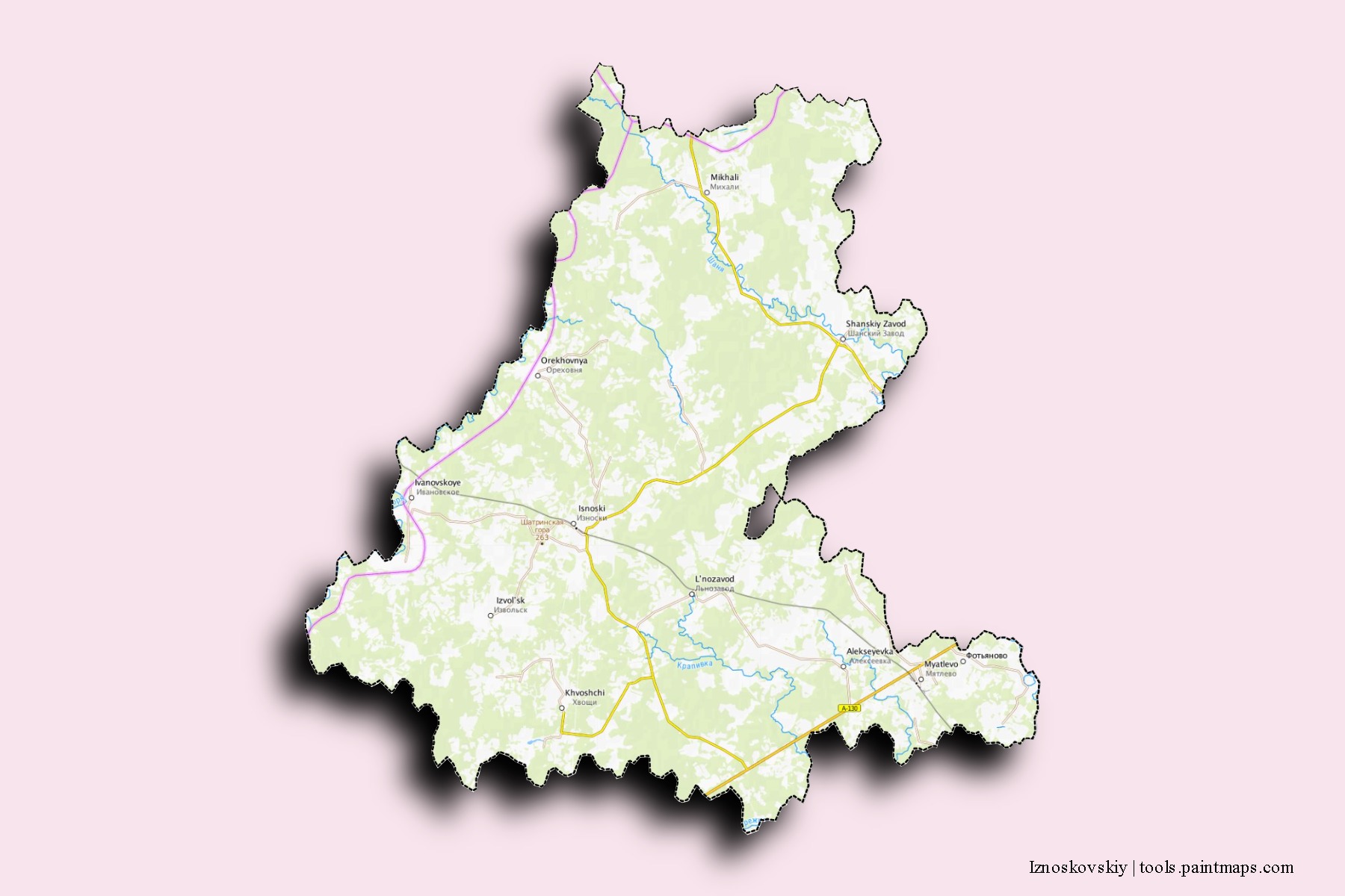 Mapa de barrios y pueblos de Iznoskovskiy con efecto de sombra 3D