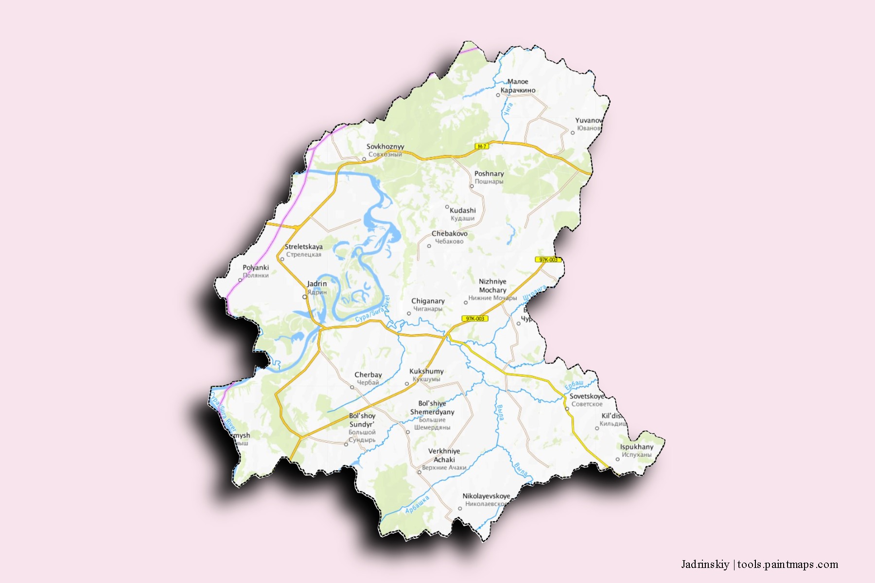 Mapa de barrios y pueblos de Jadrinskiy con efecto de sombra 3D