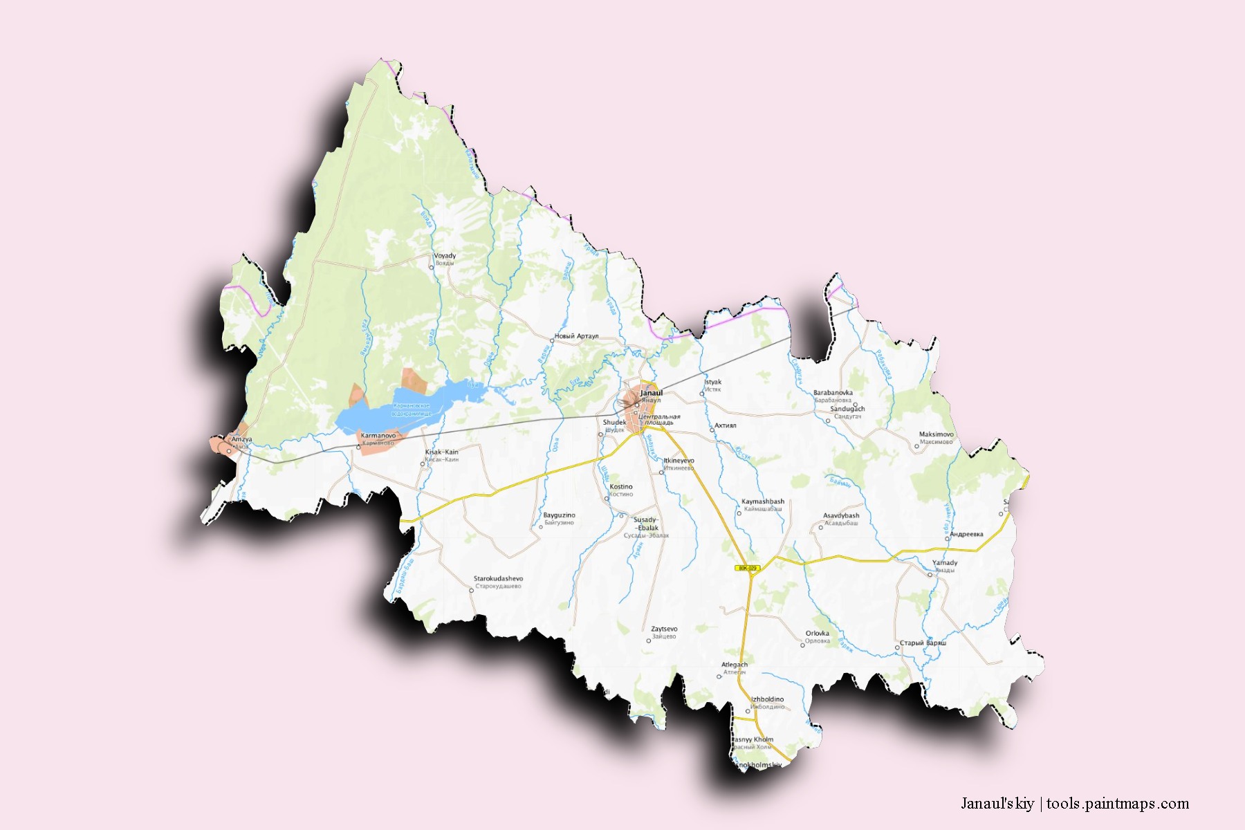 Mapa de barrios y pueblos de Janaul'skiy con efecto de sombra 3D