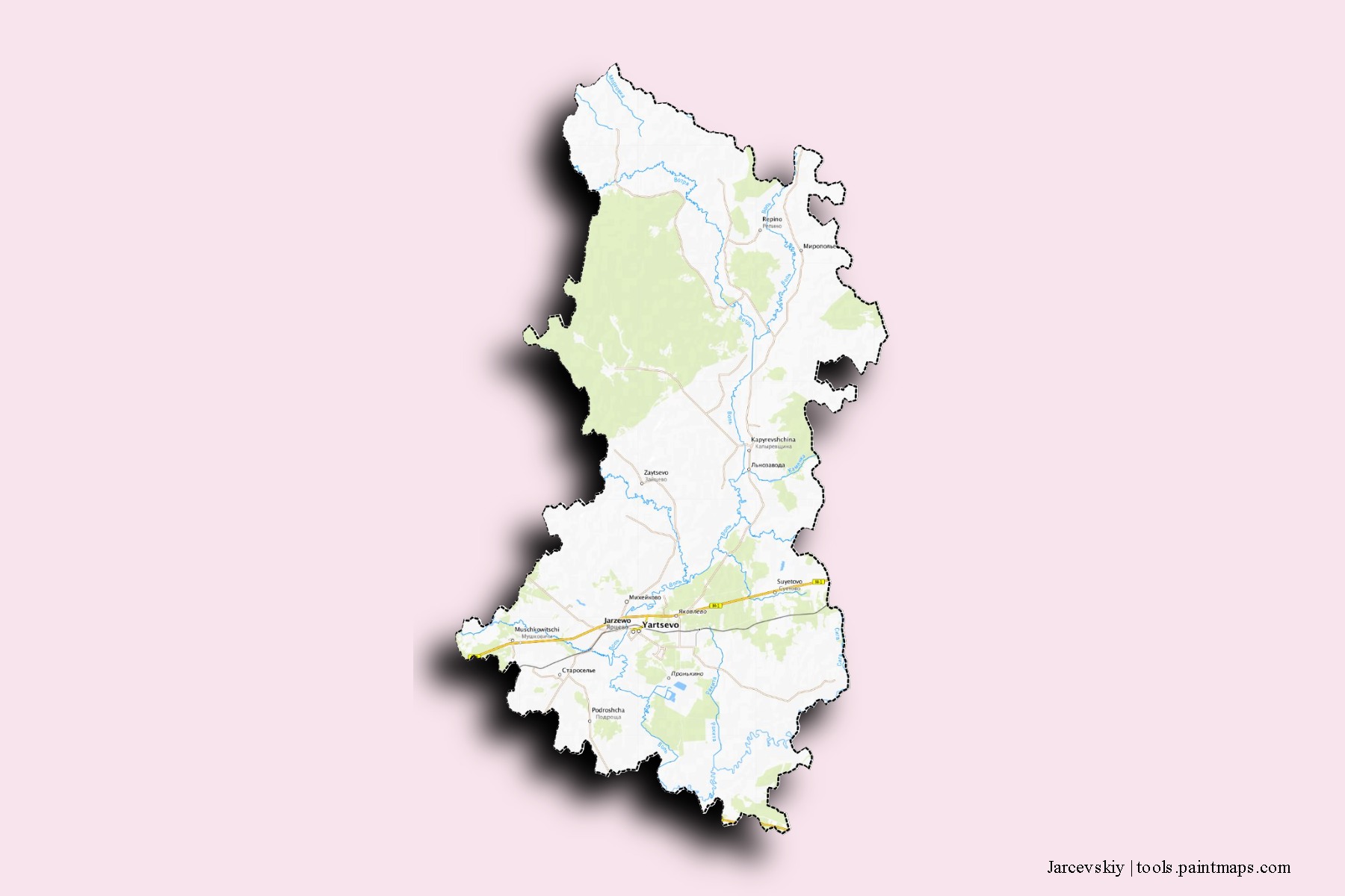 Mapa de barrios y pueblos de Jarcevskiy con efecto de sombra 3D