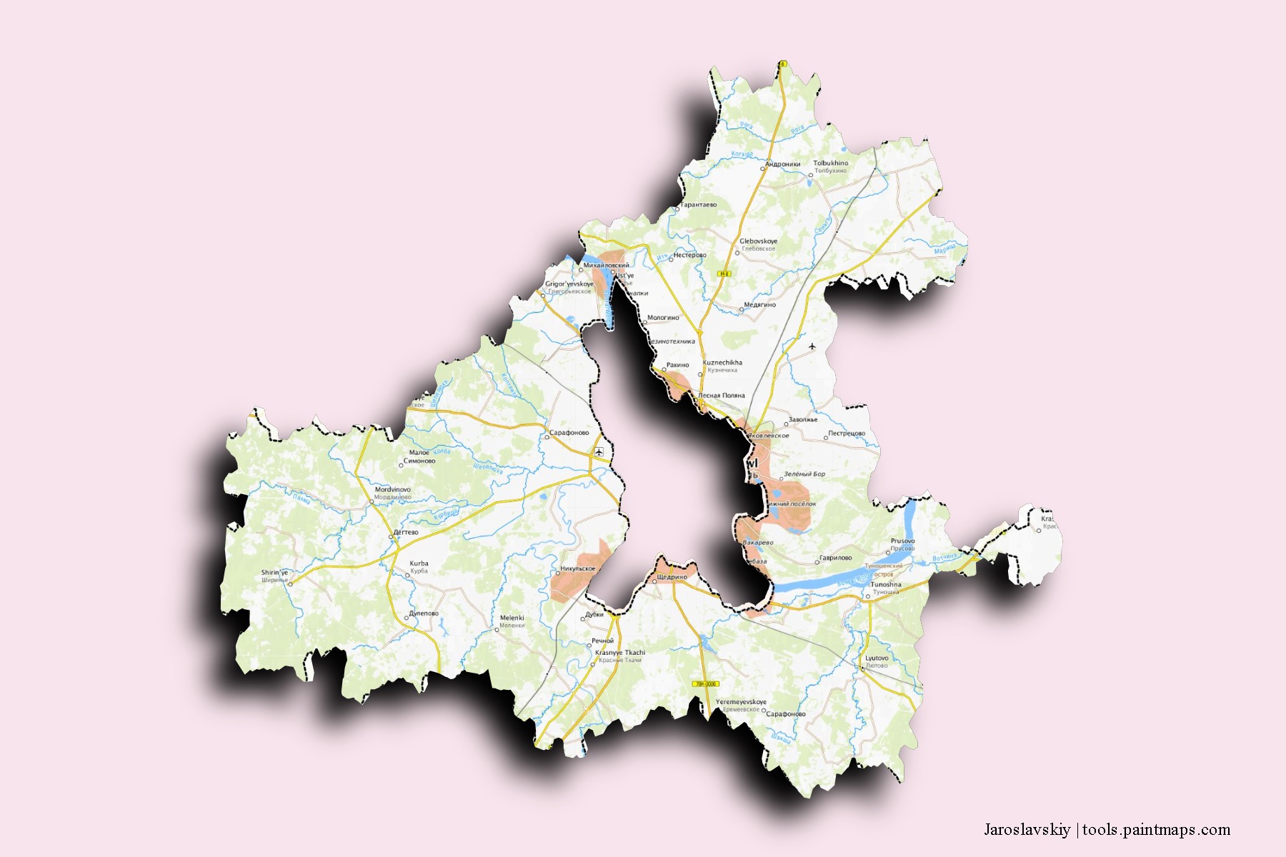 Mapa de barrios y pueblos de Jaroslavskiy con efecto de sombra 3D