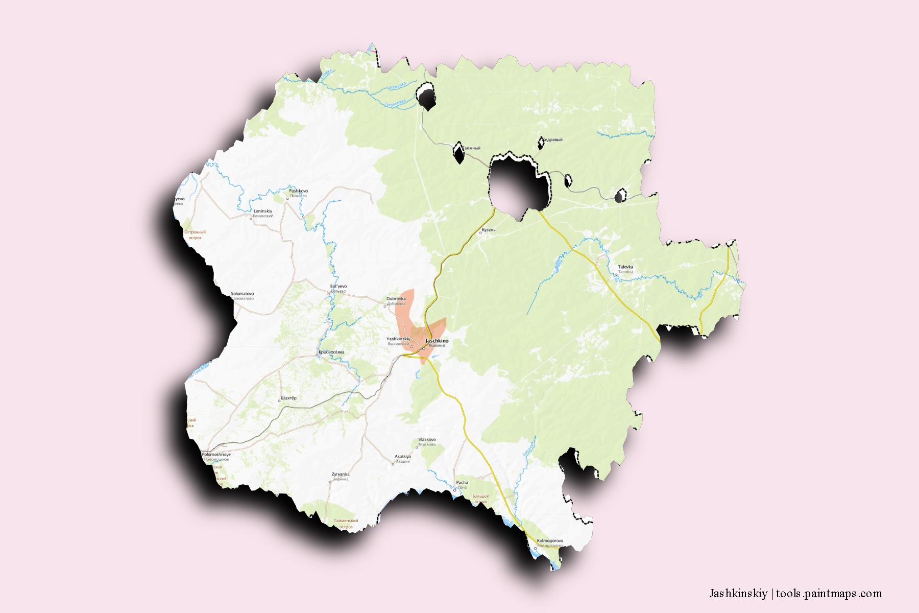 Jashkinskiy neighborhoods and villages map with 3D shadow effect