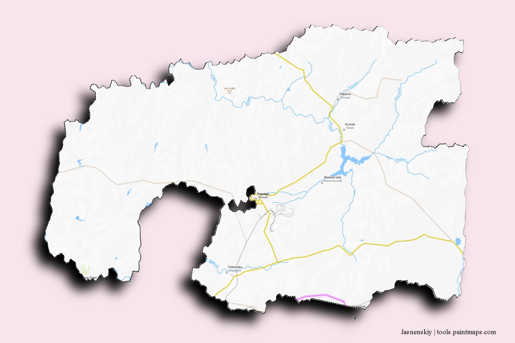 Mapa de barrios y pueblos de Jasnenskiy con efecto de sombra 3D