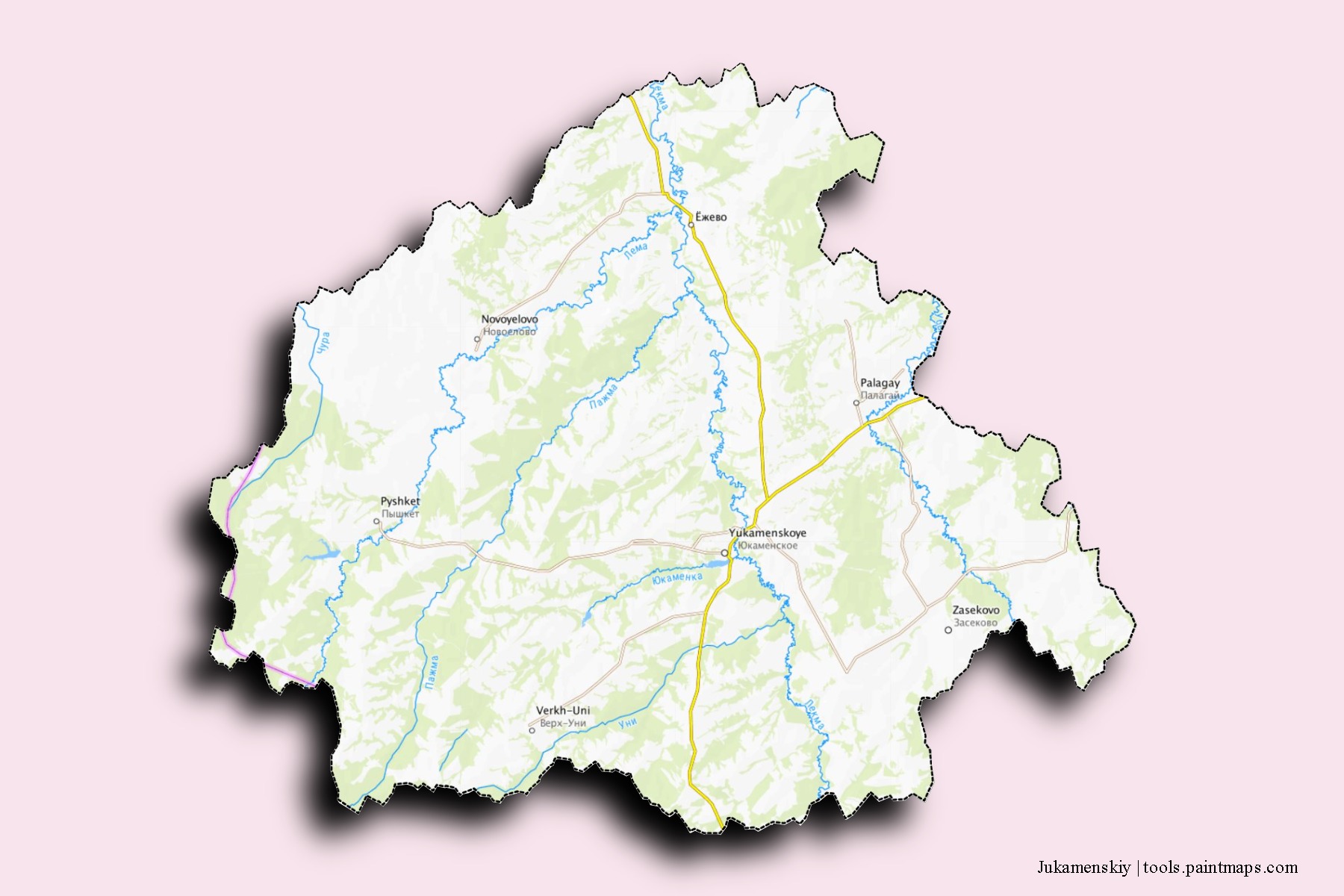 Mapa de barrios y pueblos de Jukamenskiy con efecto de sombra 3D