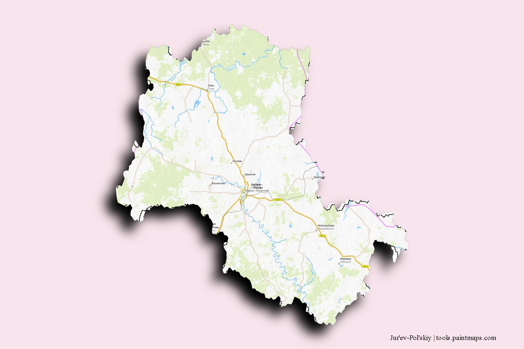 Mapa de barrios y pueblos de Jur'ev-Pol'skiy con efecto de sombra 3D