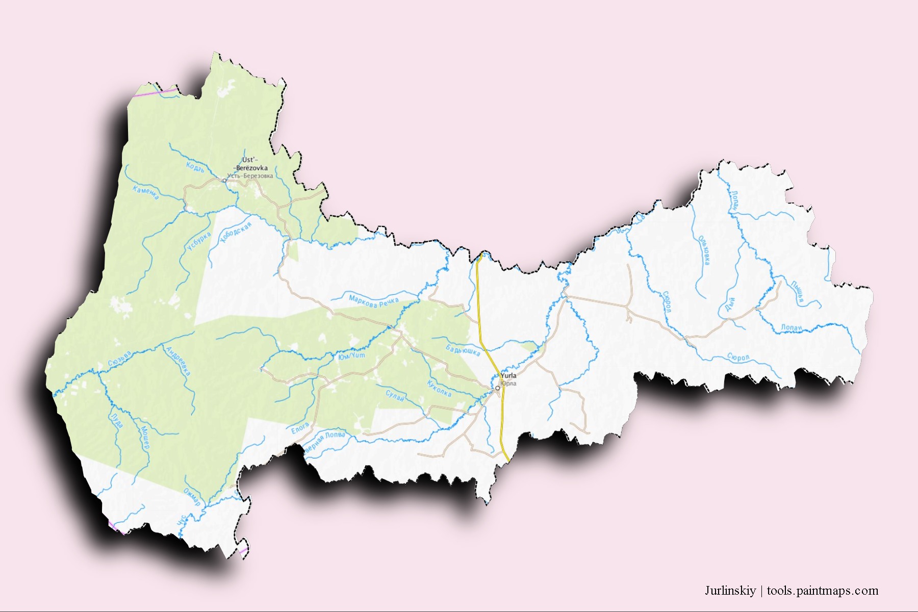 Jurlinskiy neighborhoods and villages map with 3D shadow effect