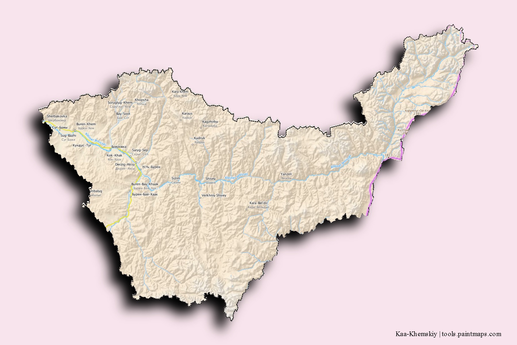 Kaa-Khemskiy neighborhoods and villages map with 3D shadow effect