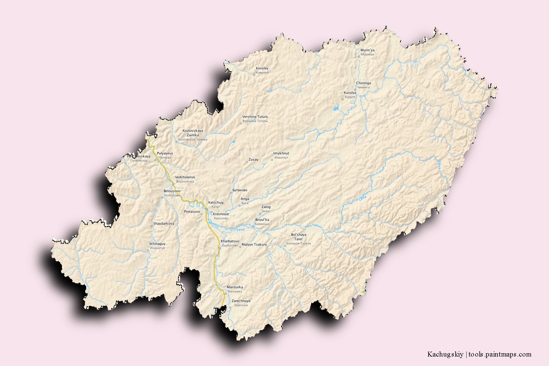 Kachugskiy neighborhoods and villages map with 3D shadow effect