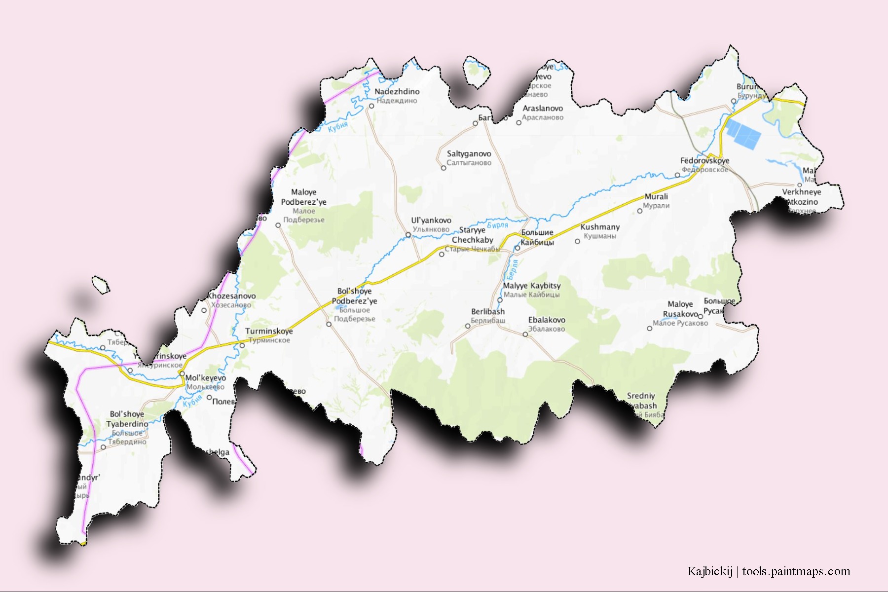 3D gölge efektli Kajbickij mahalleleri ve köyleri haritası