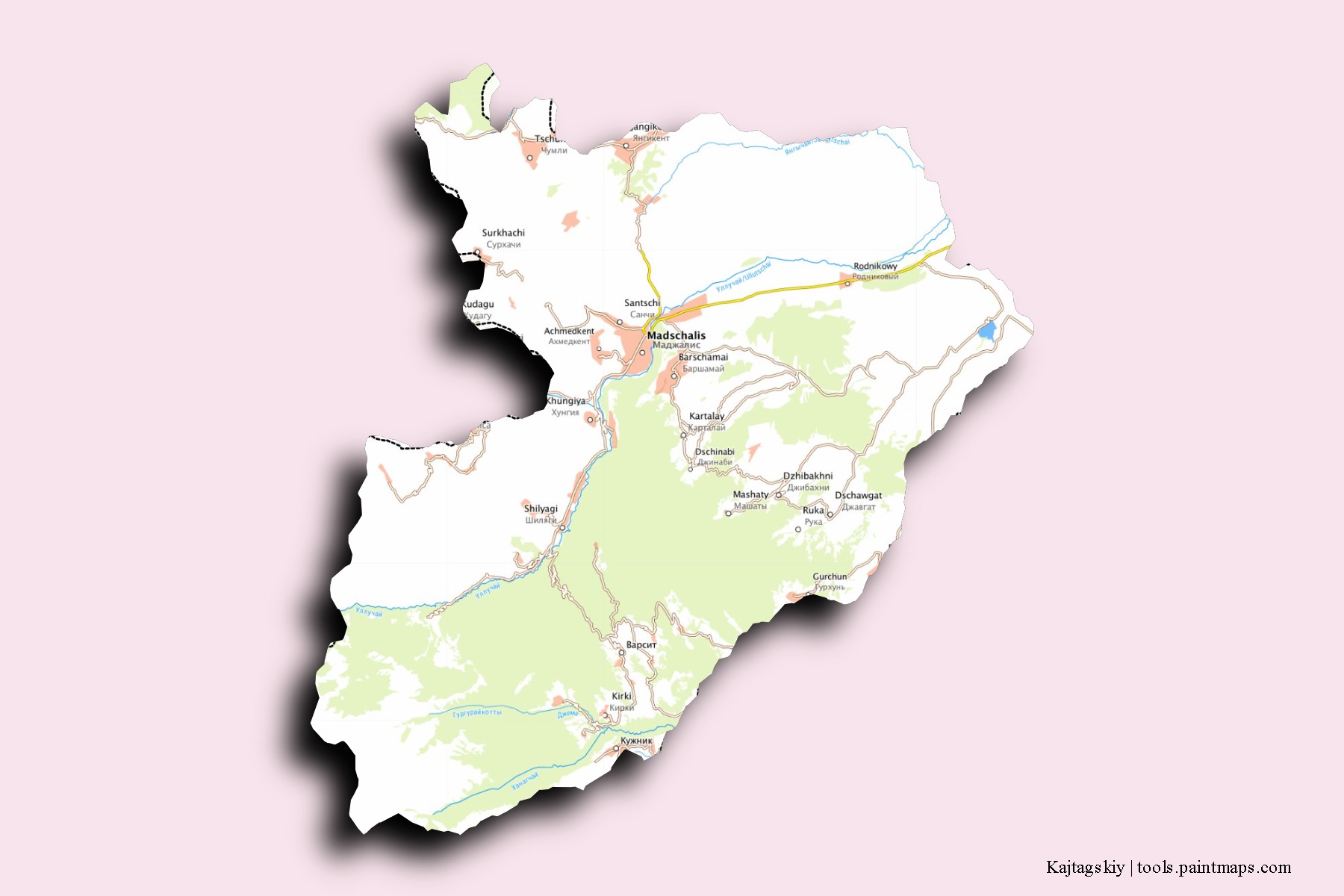 Mapa de barrios y pueblos de Kajtagskiy con efecto de sombra 3D