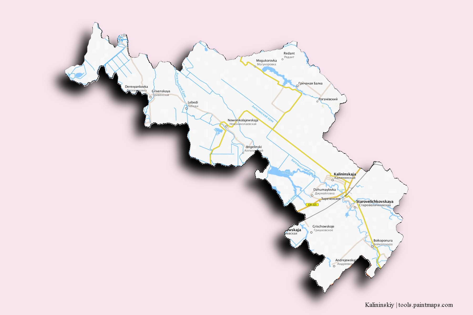 Kalininskiy neighborhoods and villages map with 3D shadow effect