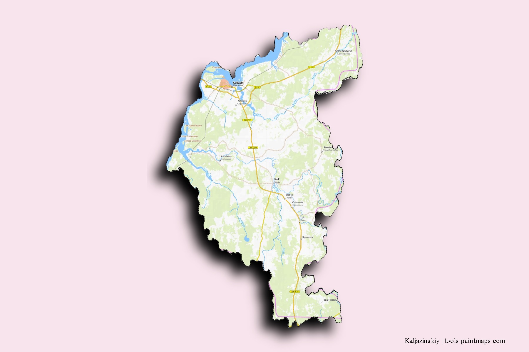 Mapa de barrios y pueblos de Kaljazinskiy con efecto de sombra 3D