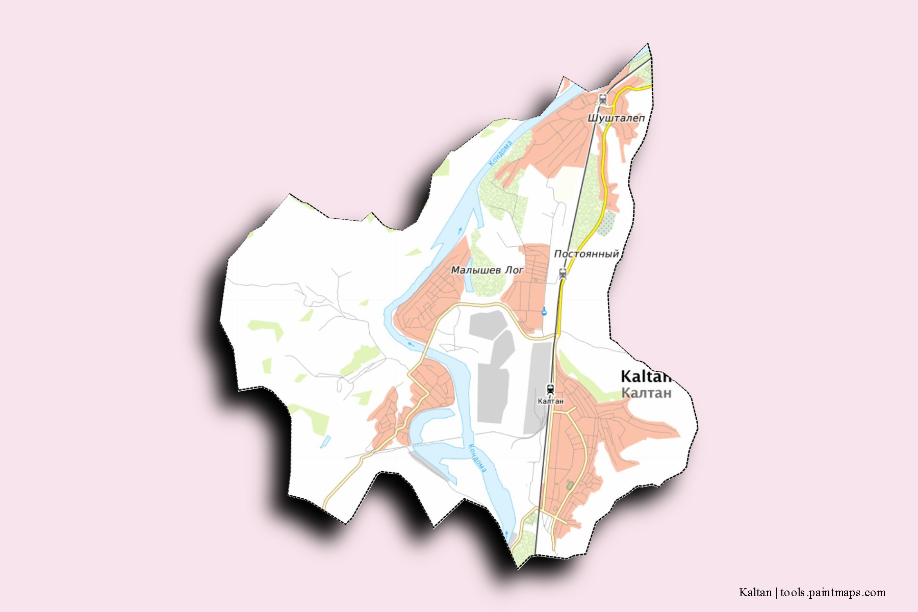 Kaltan neighborhoods and villages map with 3D shadow effect