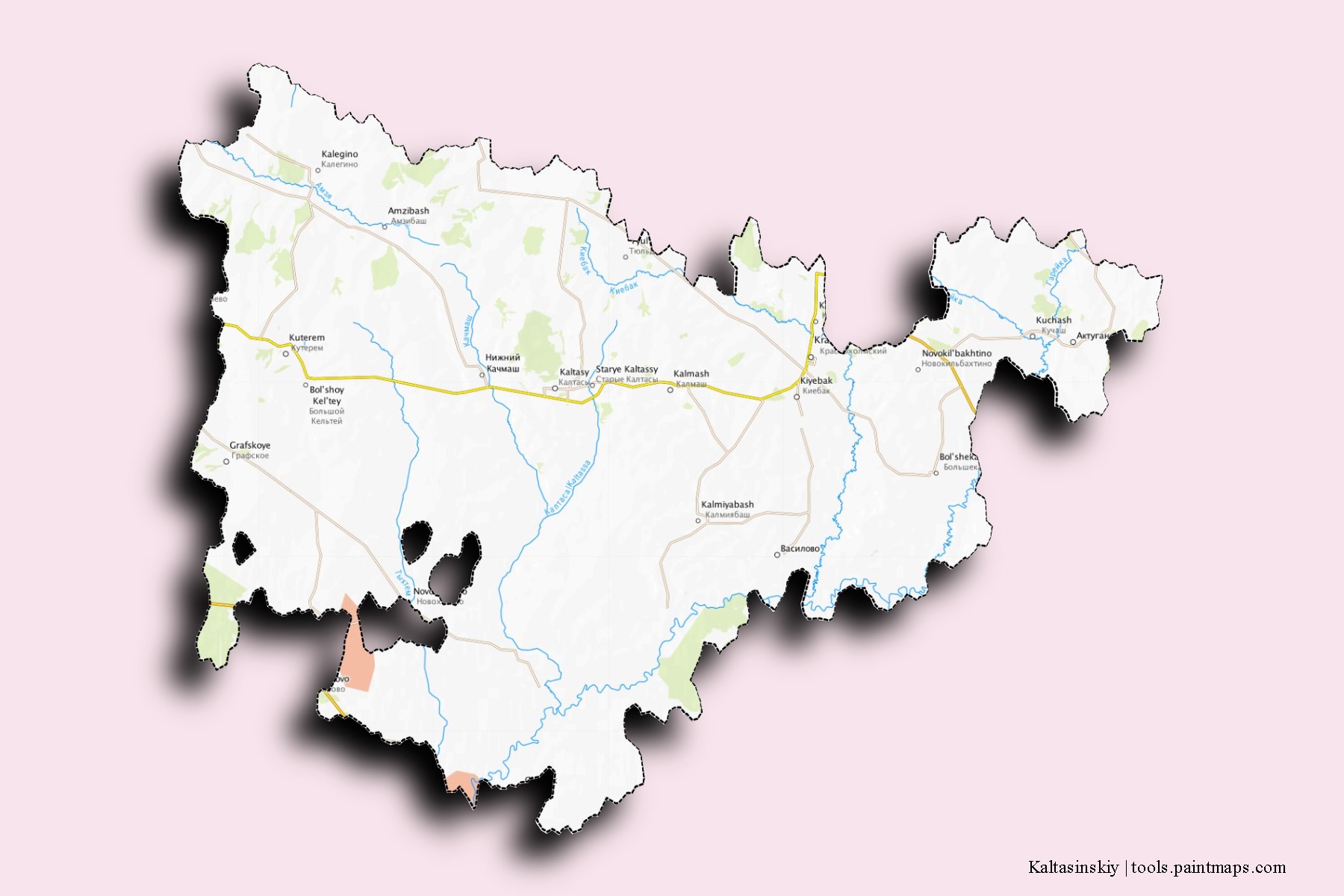 Kaltasinskiy neighborhoods and villages map with 3D shadow effect